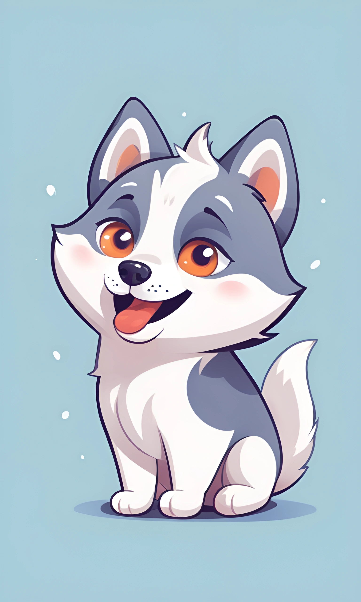 cartoon husky dog with orange eyes sitting on a blue surface