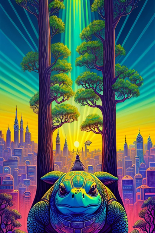 a painting of a turtle in a forest with a city in the background