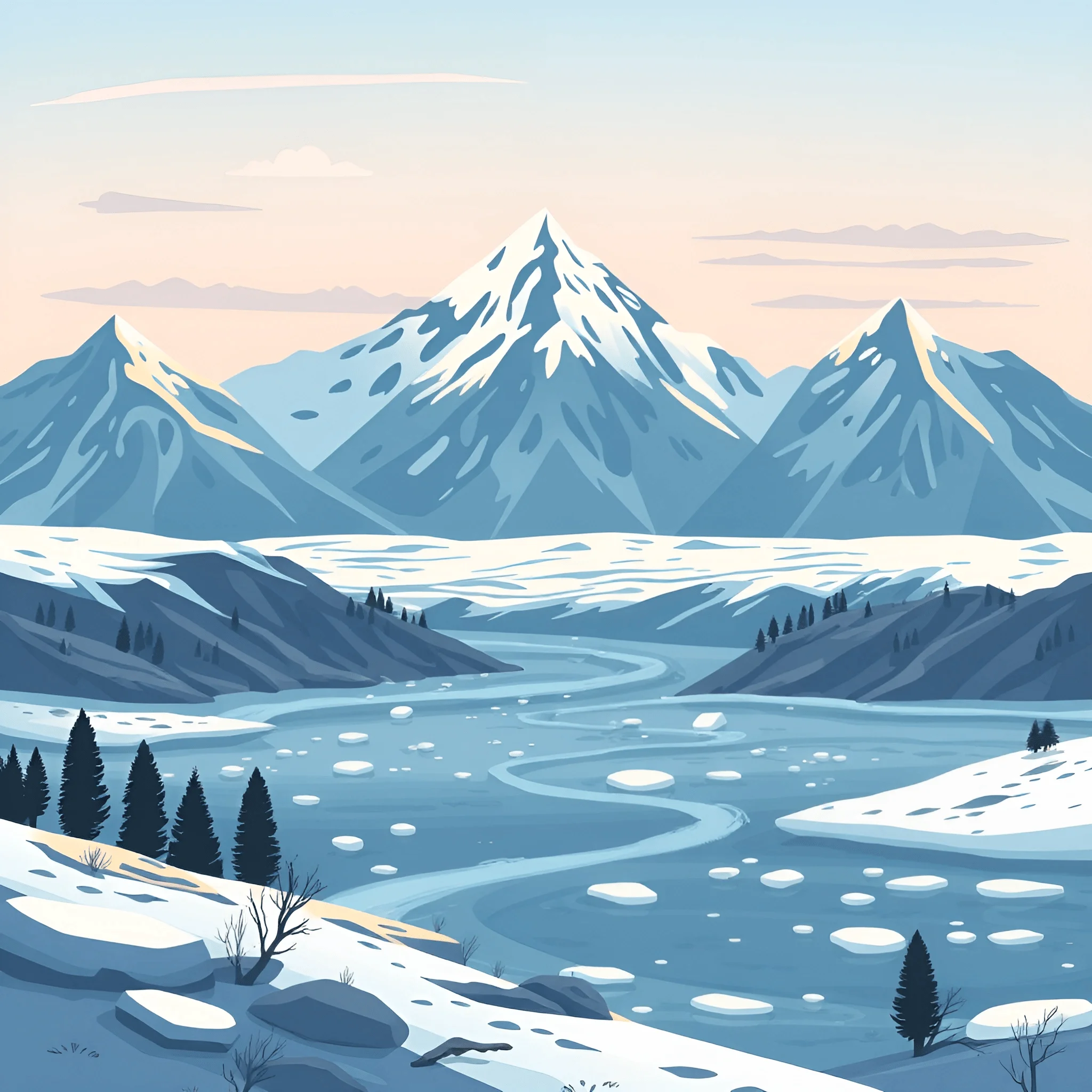 Snow-Capped Mountains and Seasonal River - Free Download - AI Scribbles