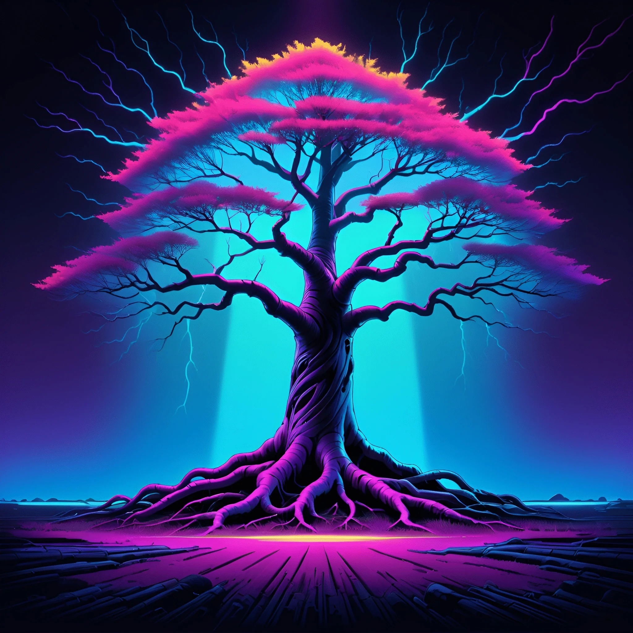 Scribbles Roots Stylized Neon Tree with Illuminated Roots - Free Download - AI Scribbles
