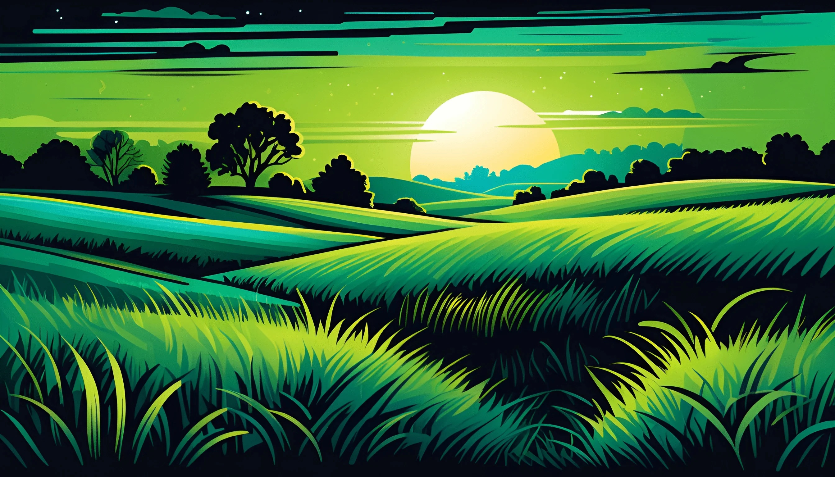 Styleized Vector Landscape Stylized Green Landscape at Sunset - Free Download - AI Scribbles