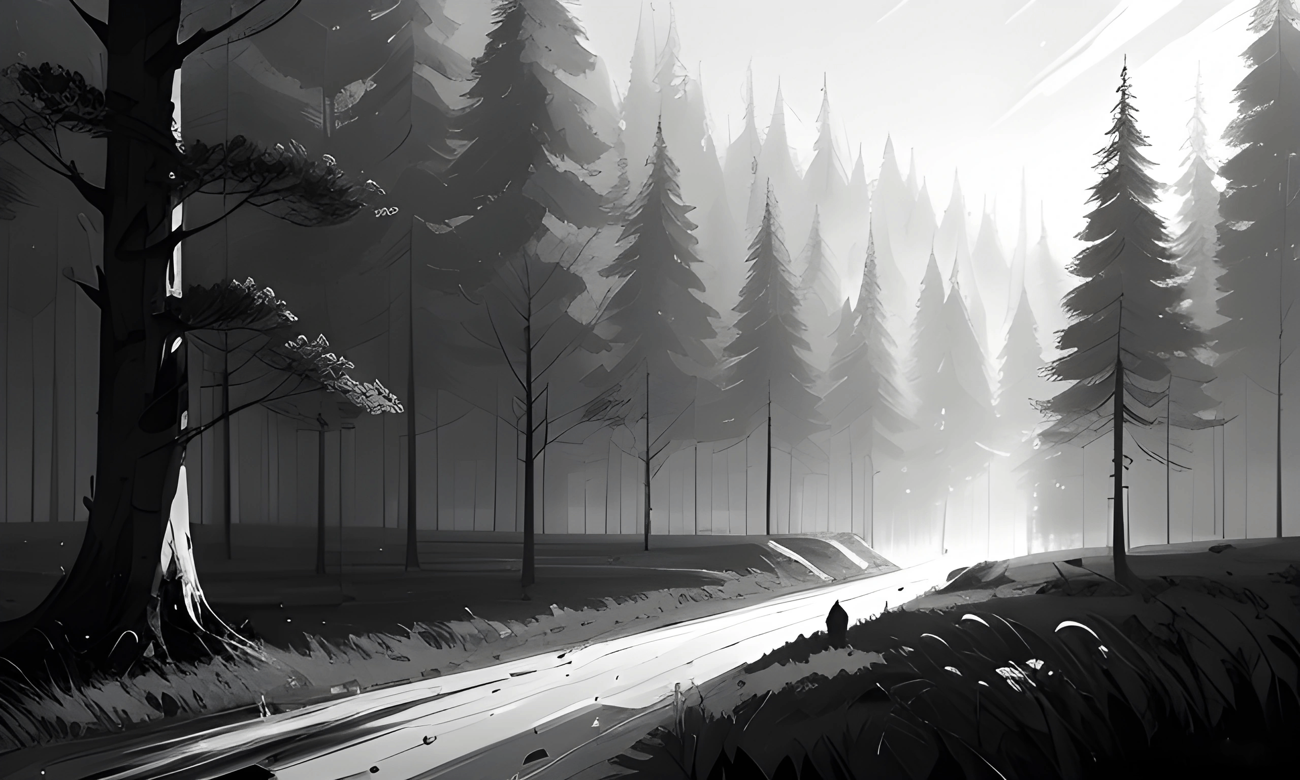 image of a man walking down a road in a forest