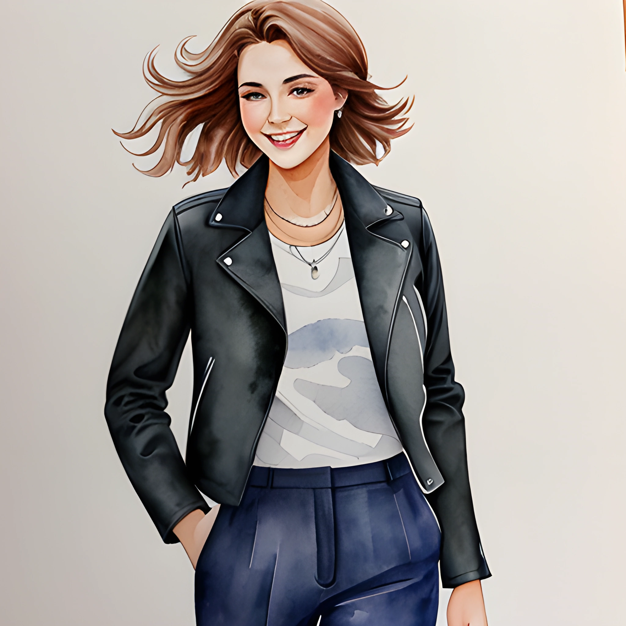 painting of a woman in a leather jacket and pants