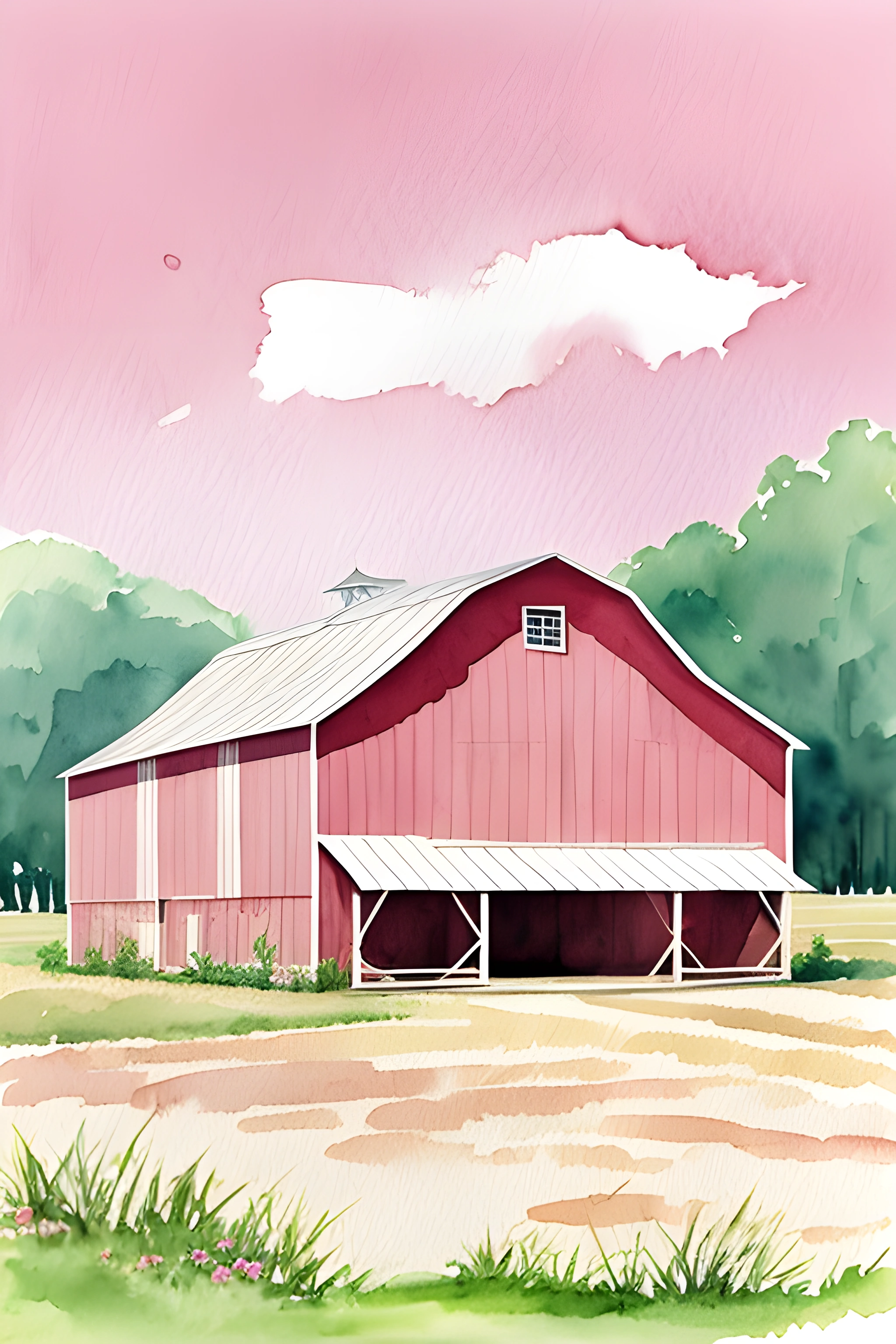 a painting of a red barn in a field
