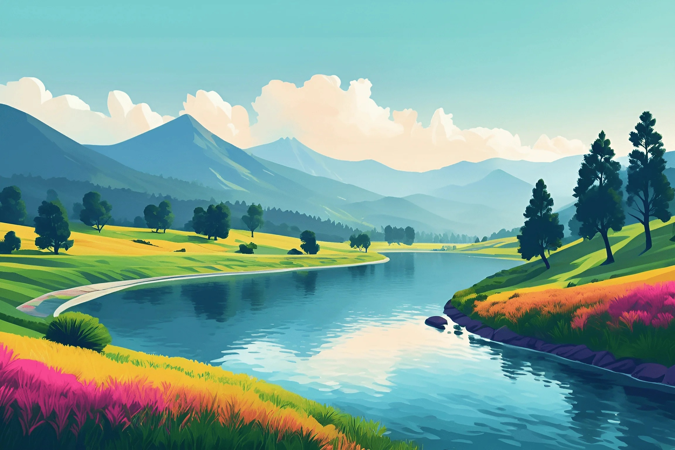 Digital Landscape Painting Of River Valley With Mountains - Free ...