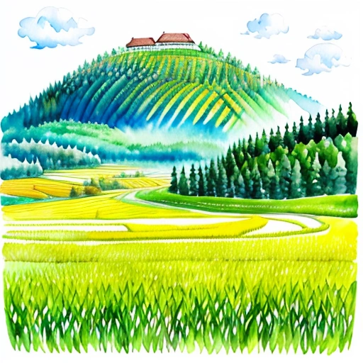 a painting of a green field with a house on a hill