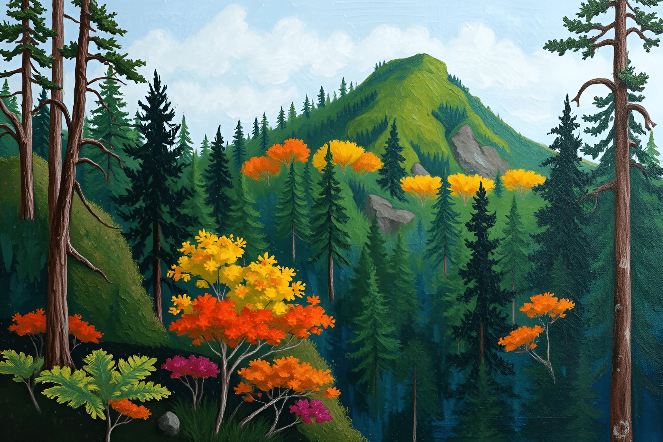 Colorful Mountain Forest Landscape Painting - Free Download - AI Scribbles