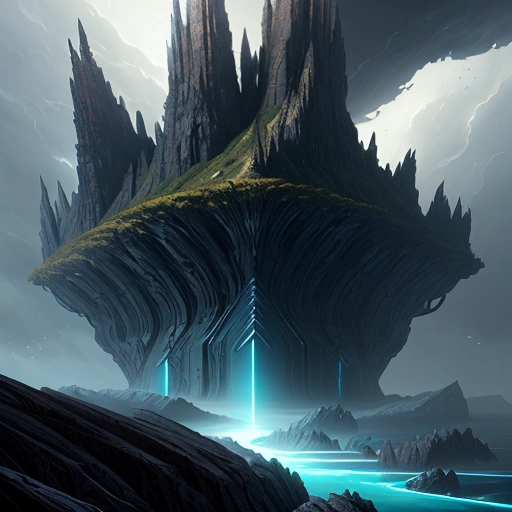 a close up of a futuristic mountain with a waterfall in the middle