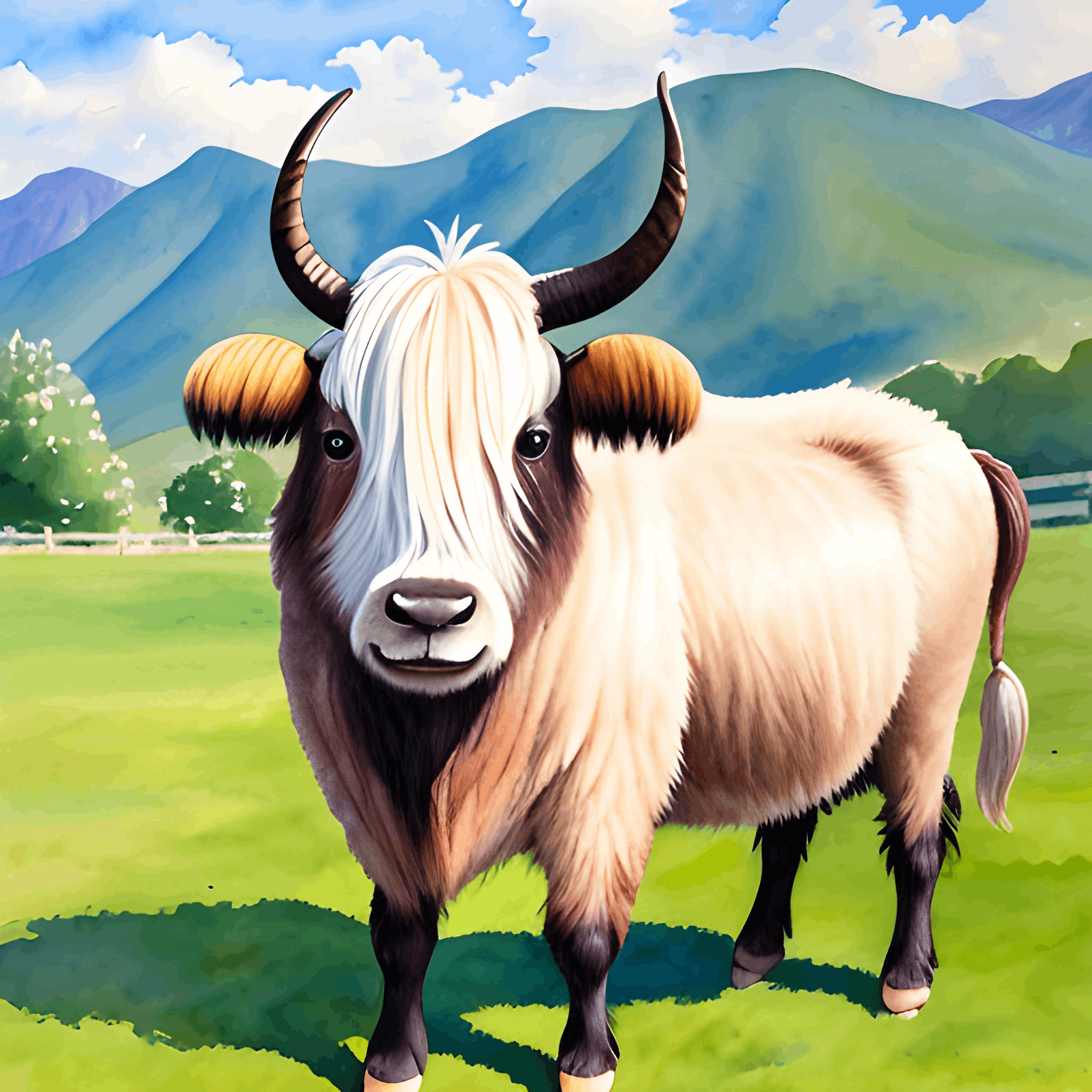 painting of a cow with horns standing in a field with mountains in the background
