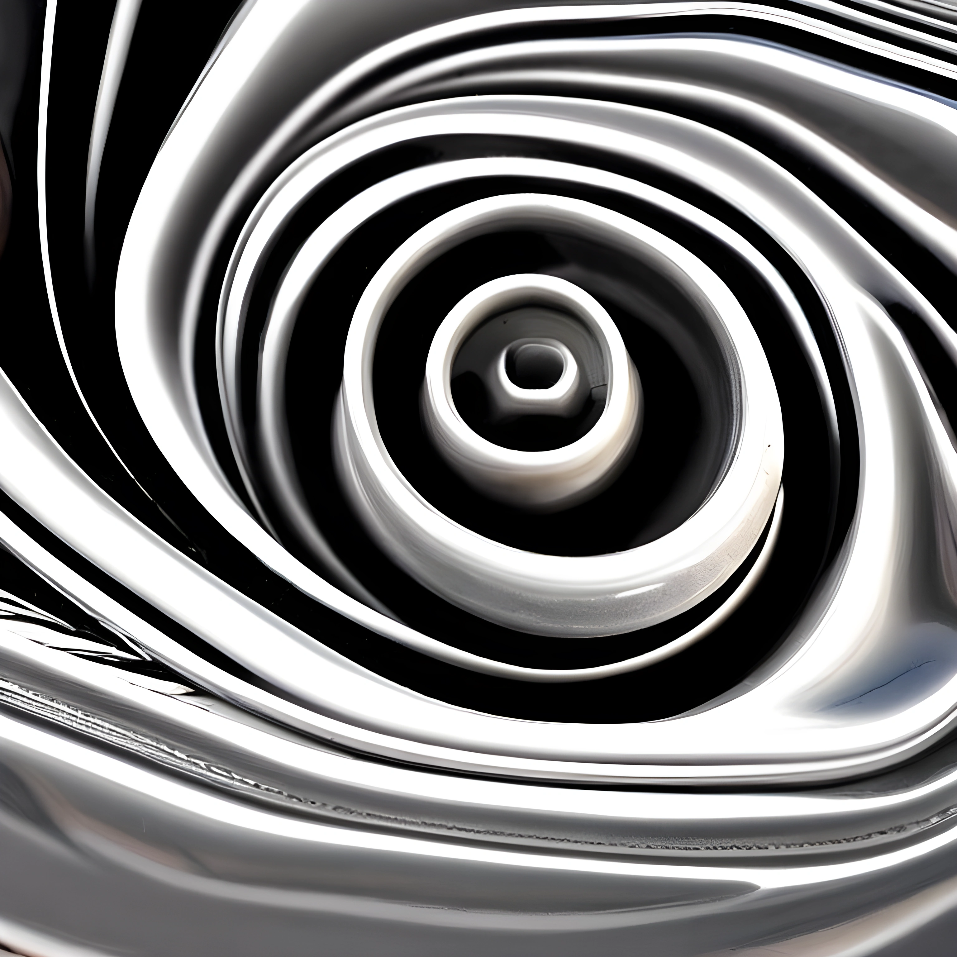 a close up of a black and white swirl with a black background