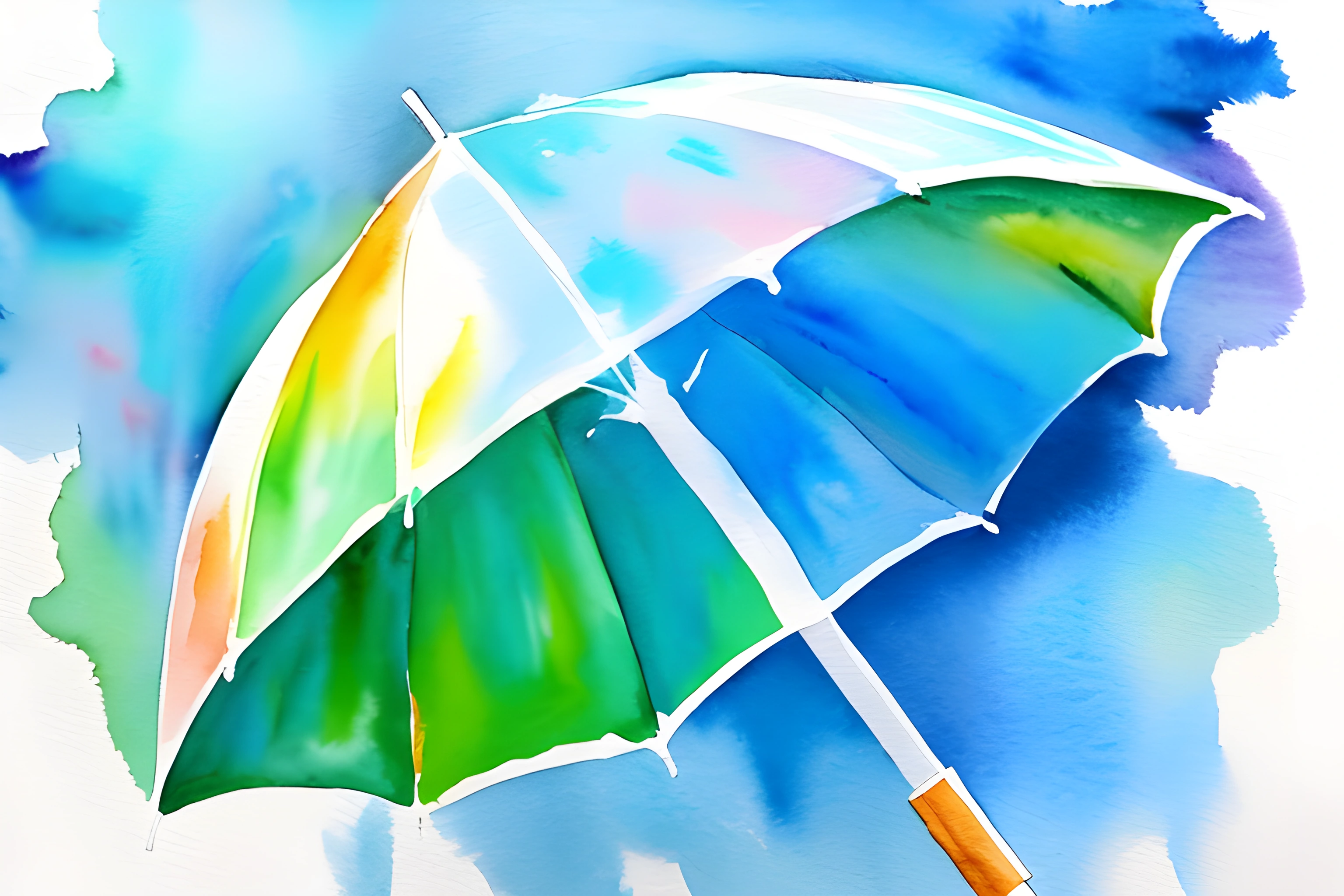 brightly colored umbrella with a wooden handle on a blue background