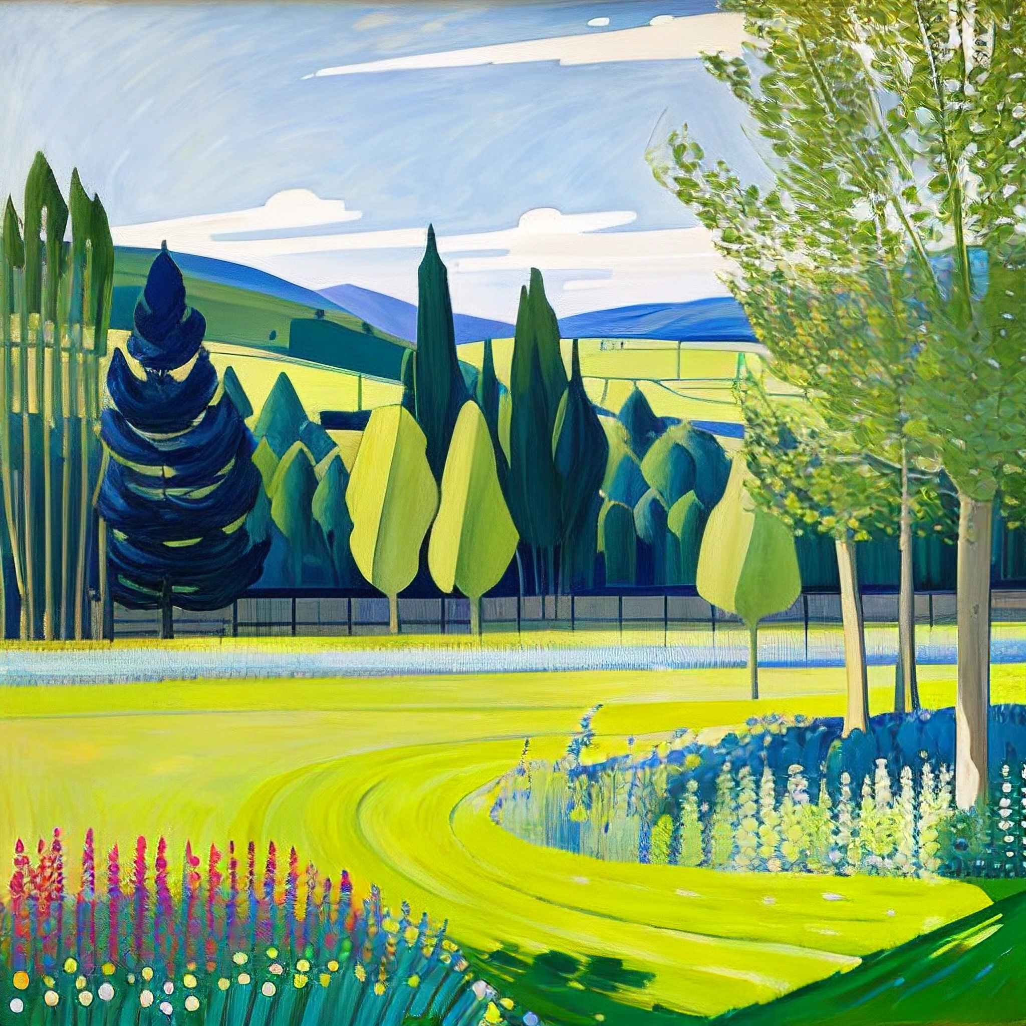 painting of a field with trees and flowers in the foreground