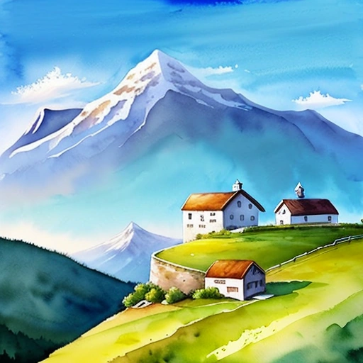 painting of a mountain scene with a house and a church