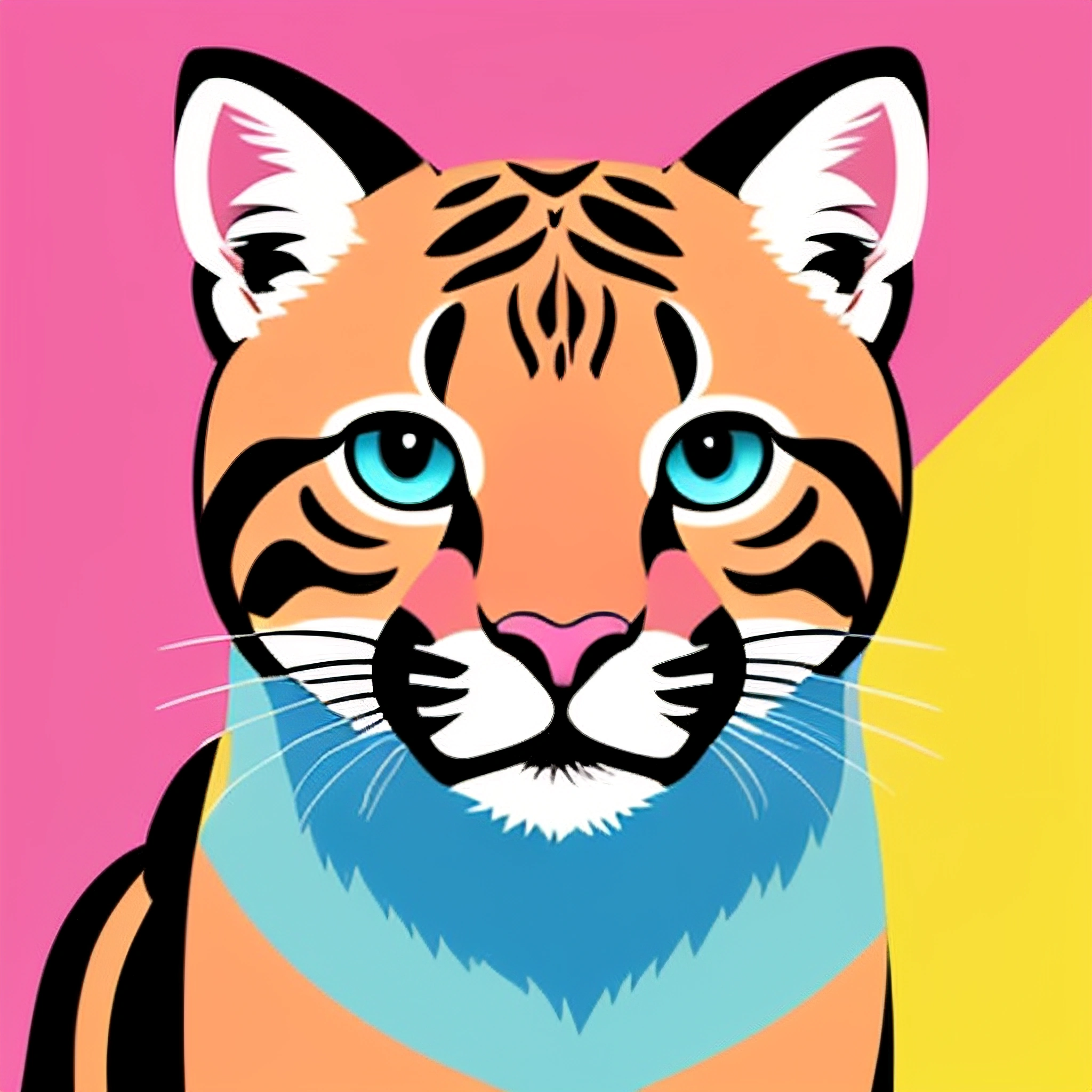 a cat with a blue collar on a pink and yellow background