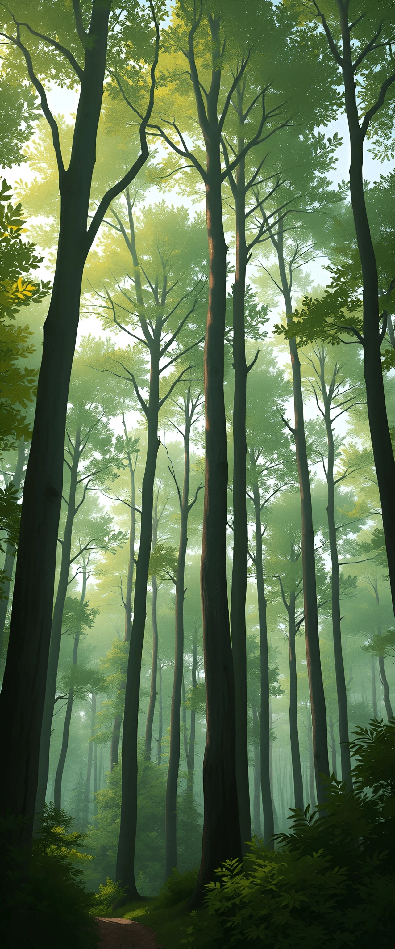 Sunlit Tall Trees in Green Forest - Free Download - AI Scribbles