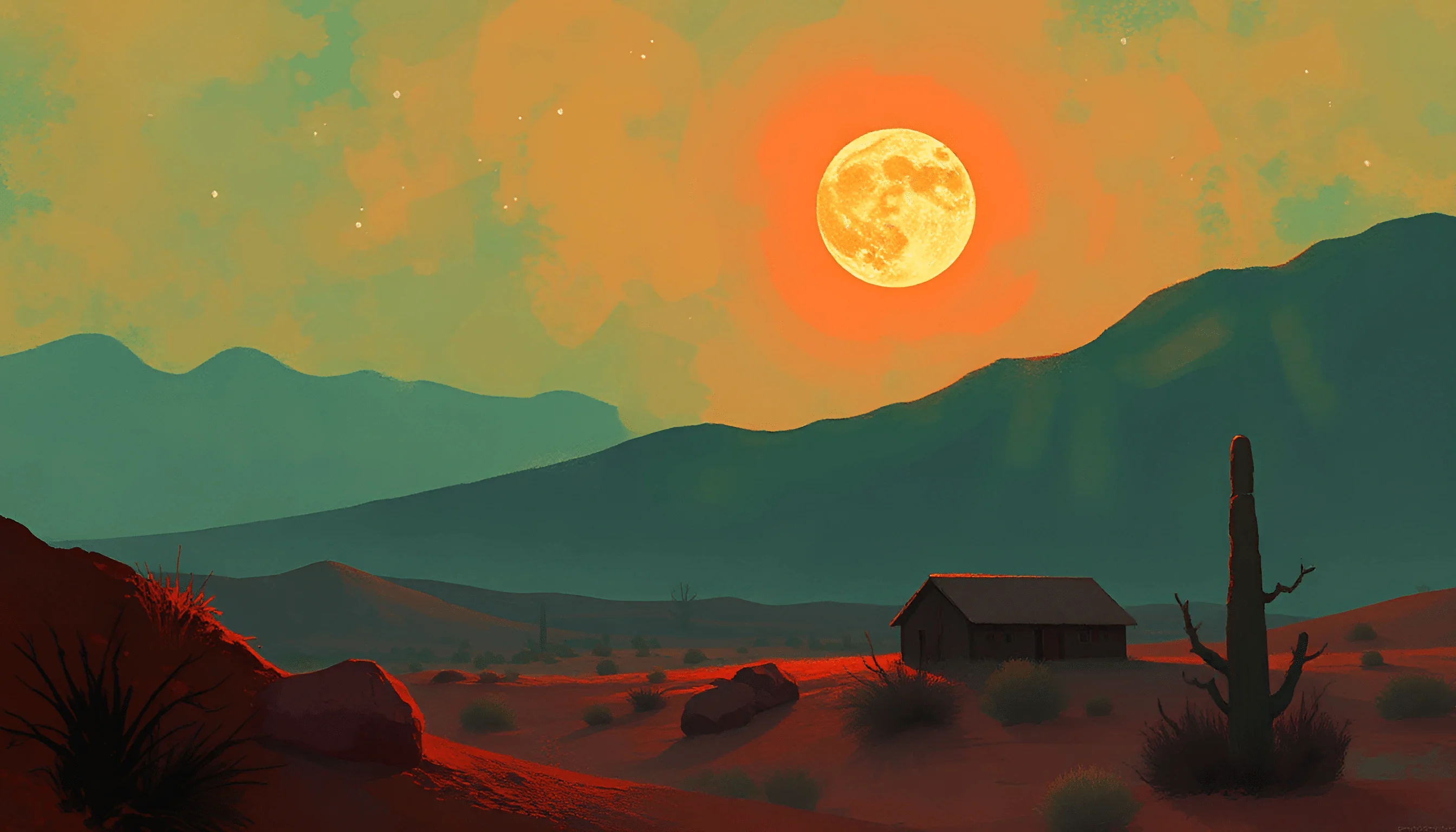 Desert Landscape With Full Moon And Rustic Cabin - Free Download - AI ...