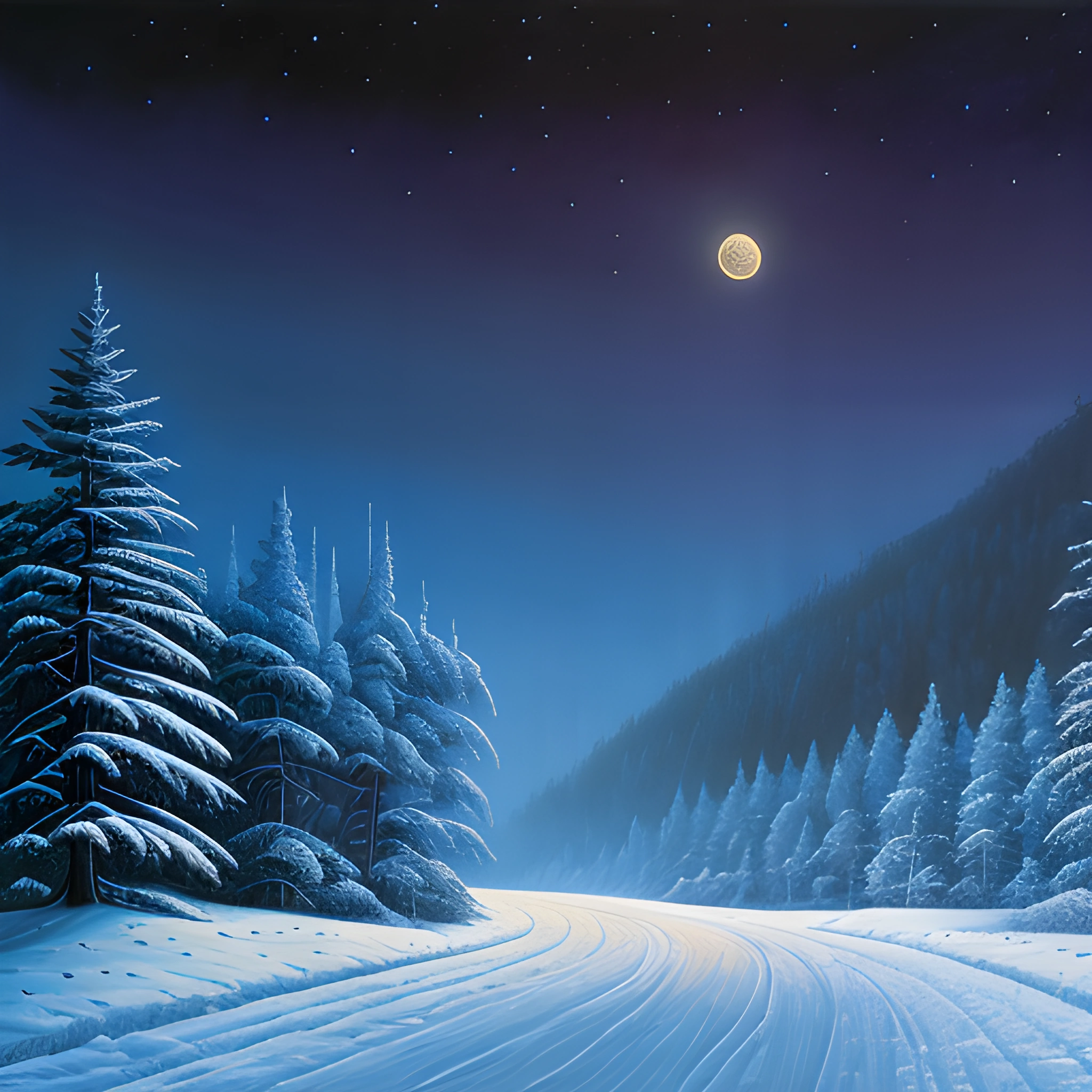 snowy road in the night with a full moon in the sky