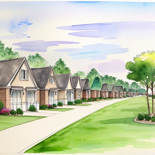 painting of a row of houses with a tree in the front yard