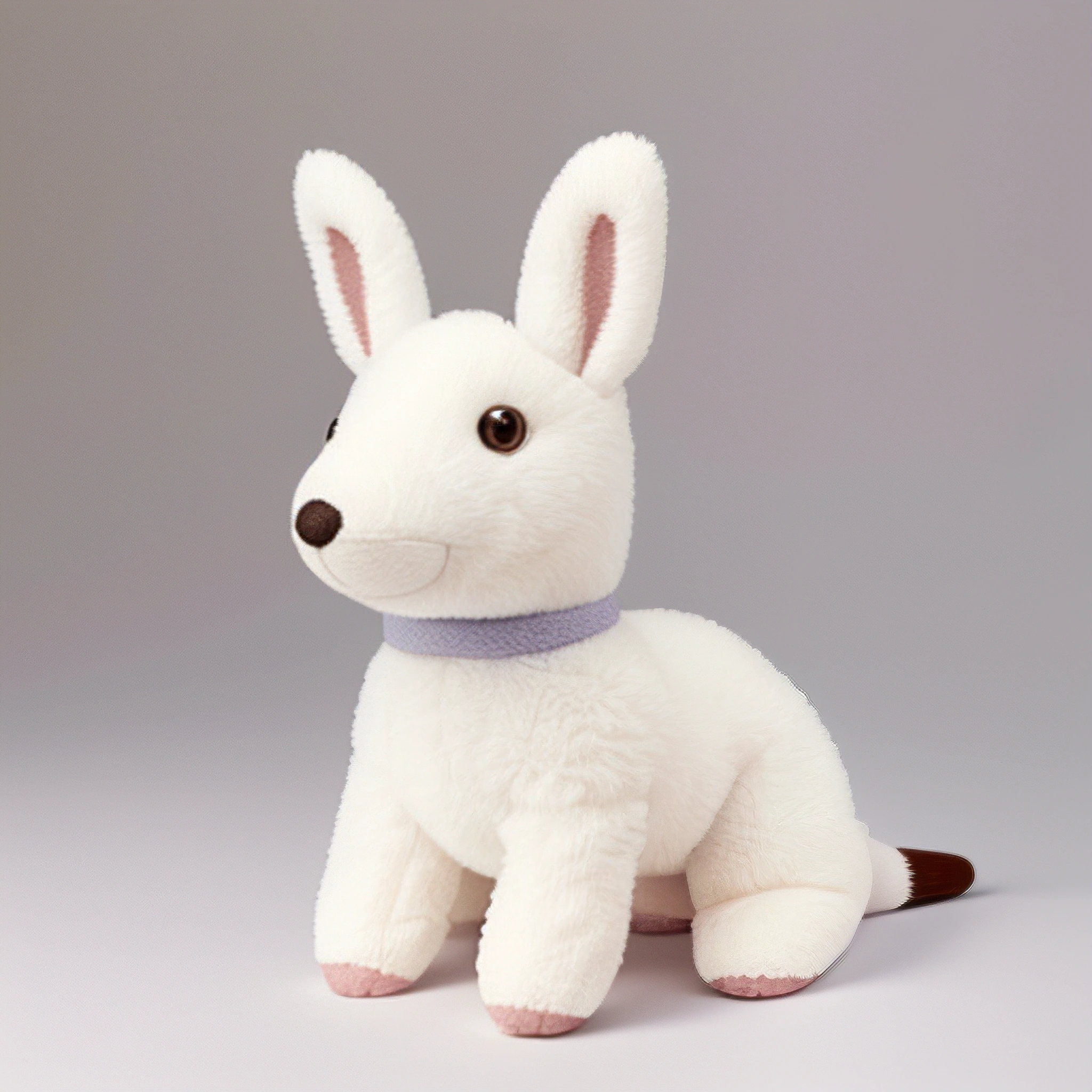 a white stuffed animal with a purple collar on
