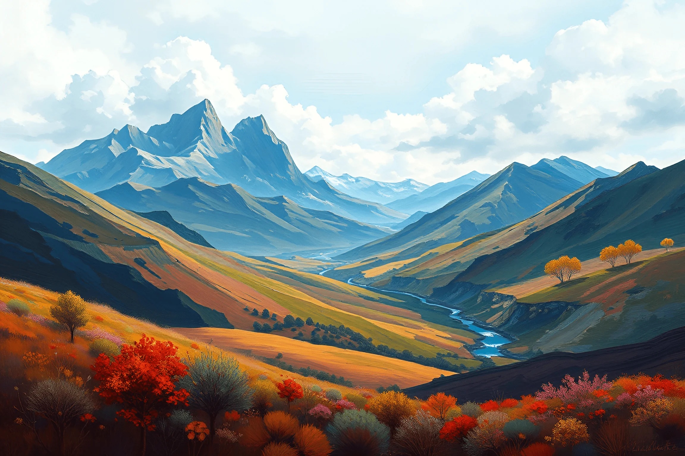 Mountain Valley Landscape with River - Free Download - AI Scribbles