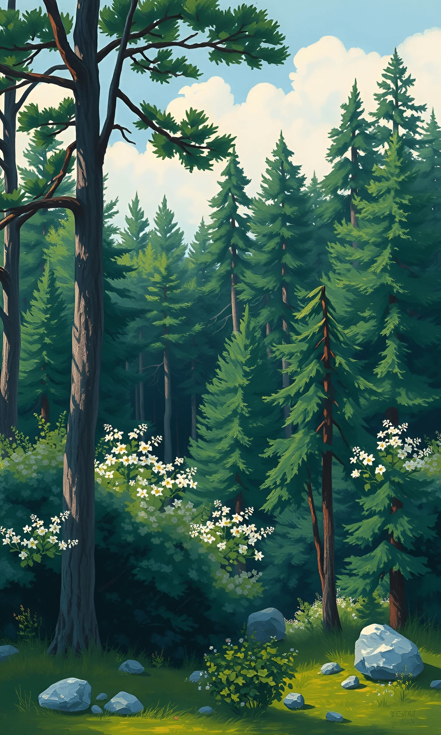 Evergreen Forest Landscape With Wildflowers - Free Download - AI Scribbles