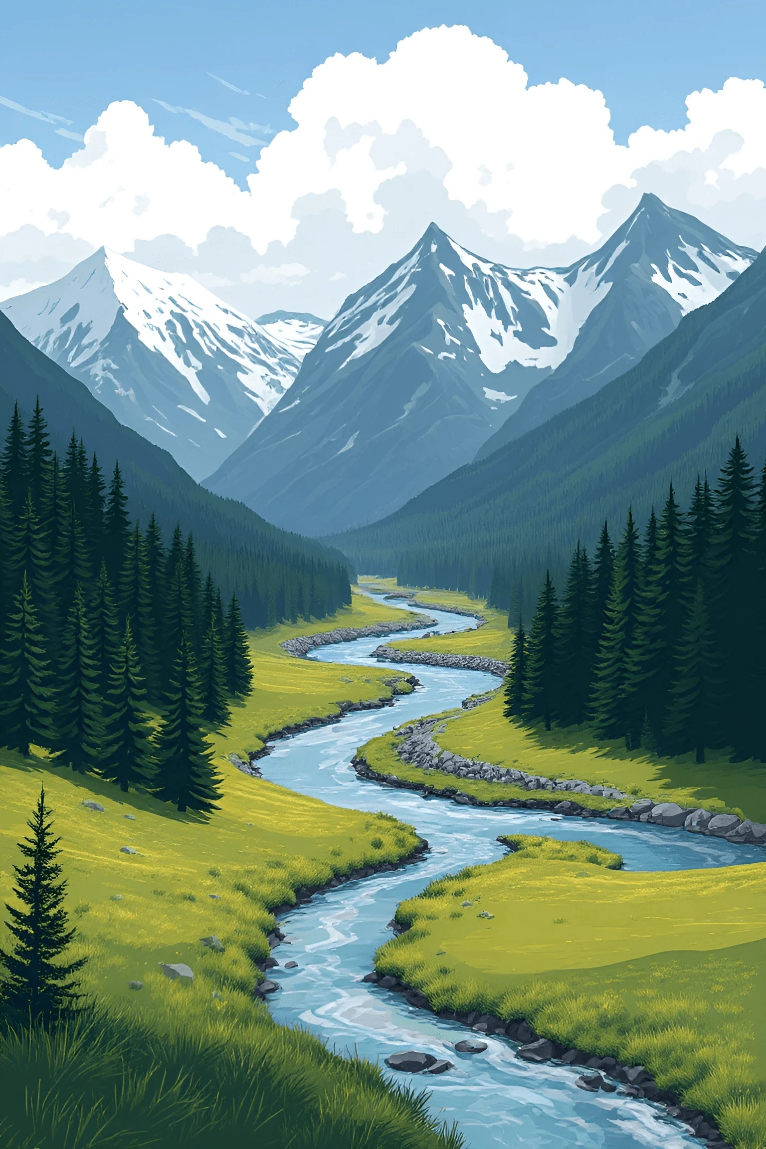 Mountain Valley With Meandering River - Free Download - AI Scribbles