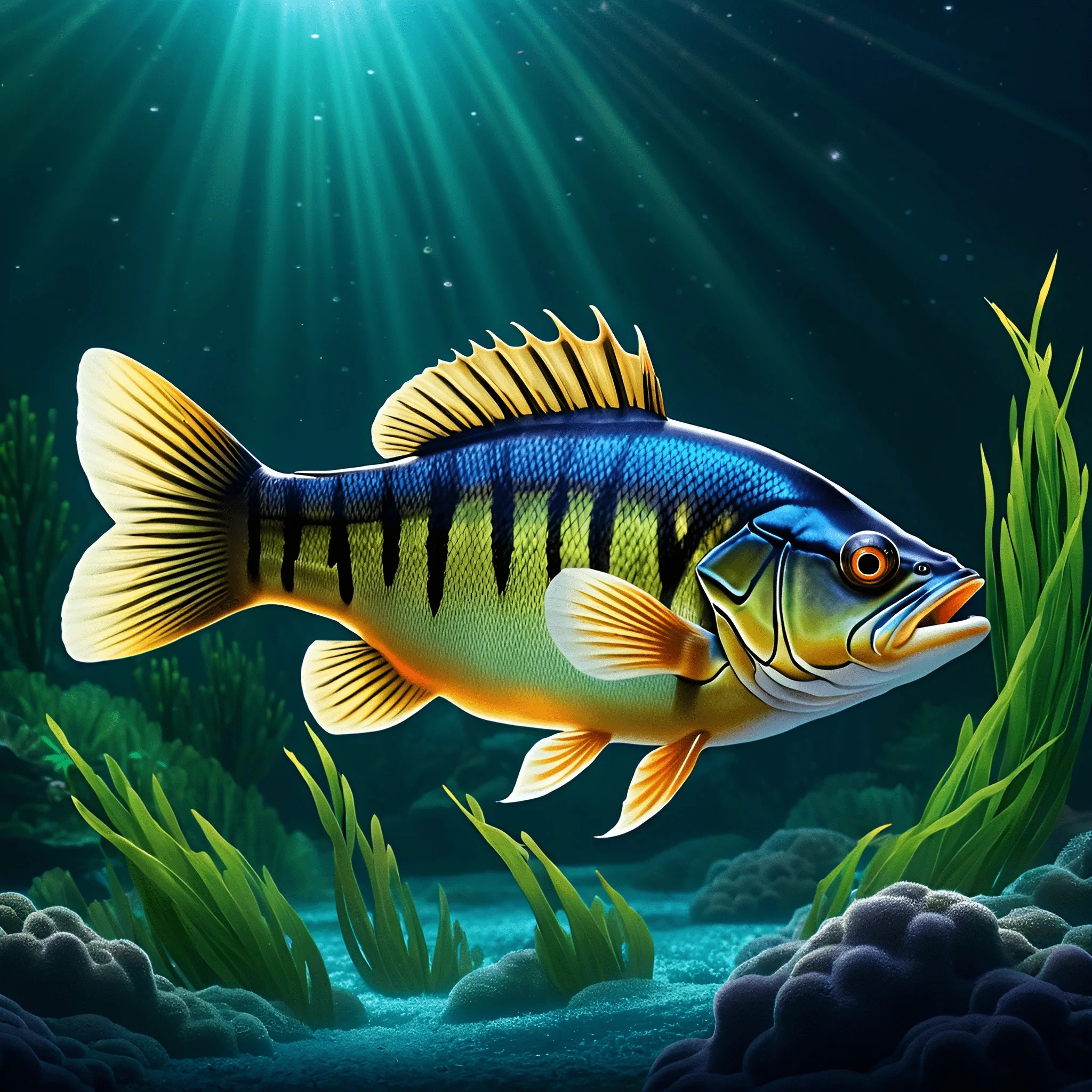 Colorful Freshwater Bass Swimming Underwater - Free Download - AI Scribbles