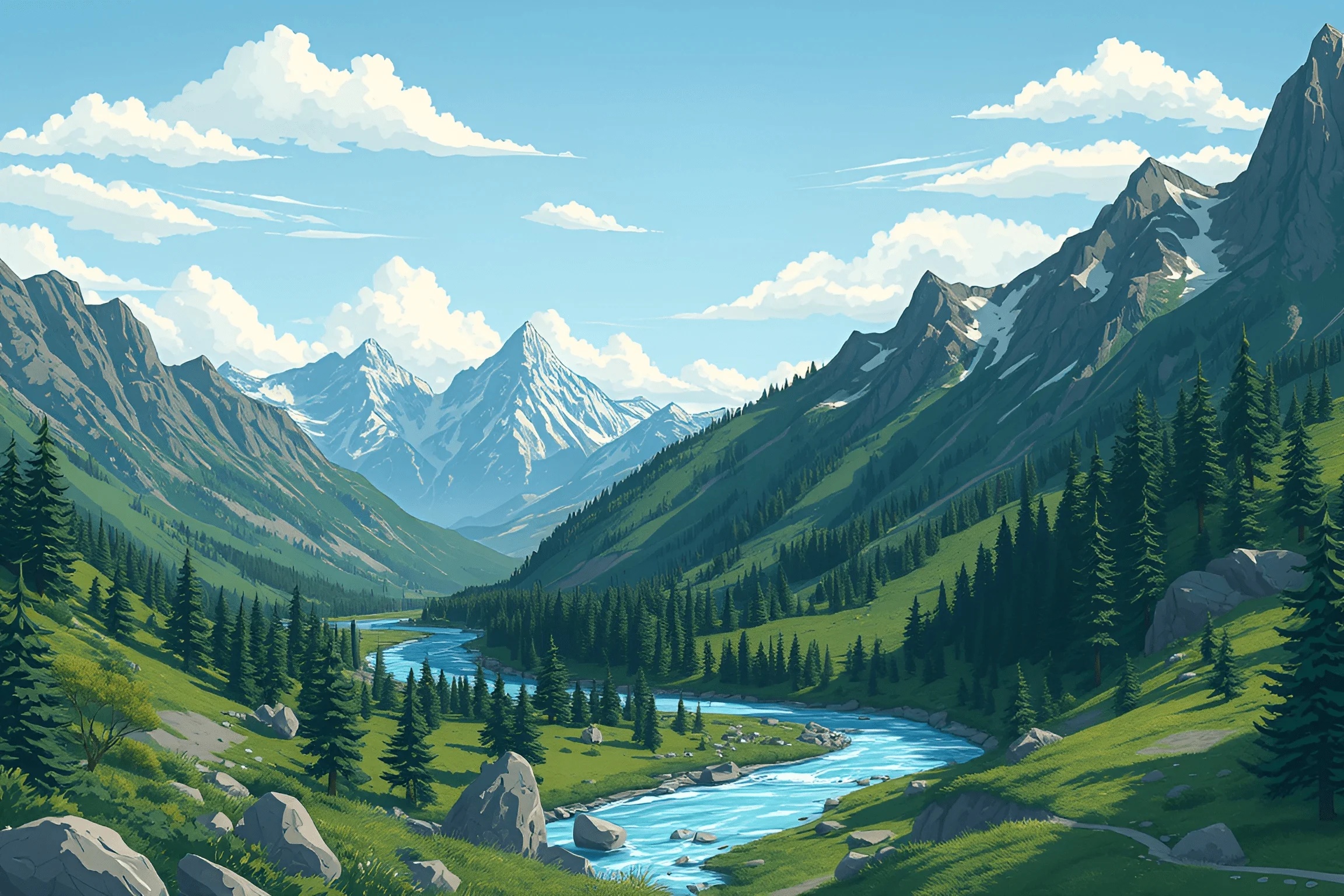 Mountain Valley With River and Pine Trees - Free Download - AI Scribbles