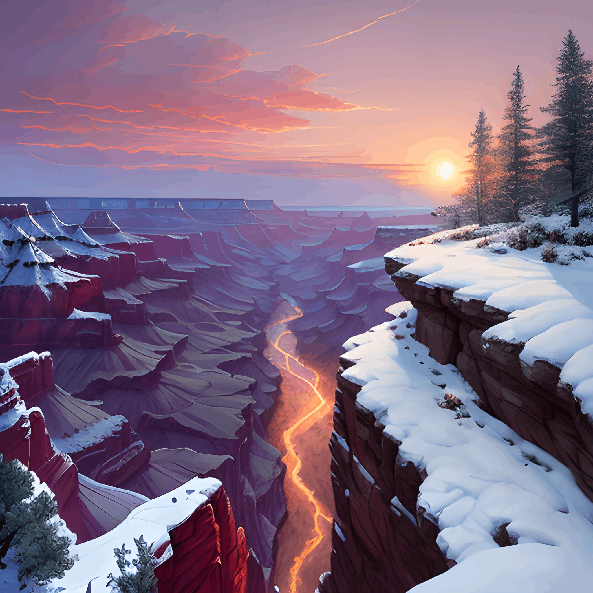 snowy landscape of a canyon with a river running through it