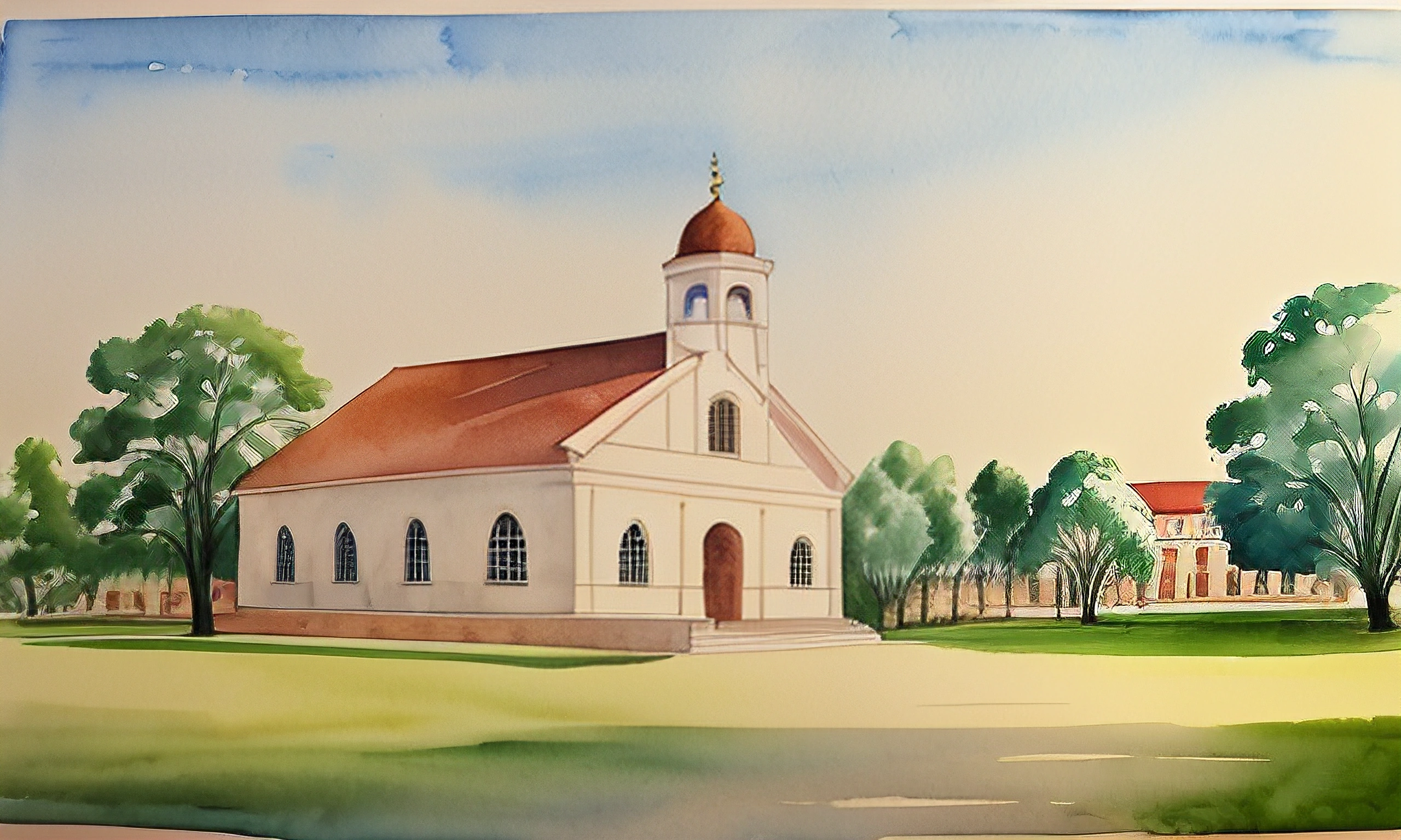 painting of a church with a steeple and a steeple on the top