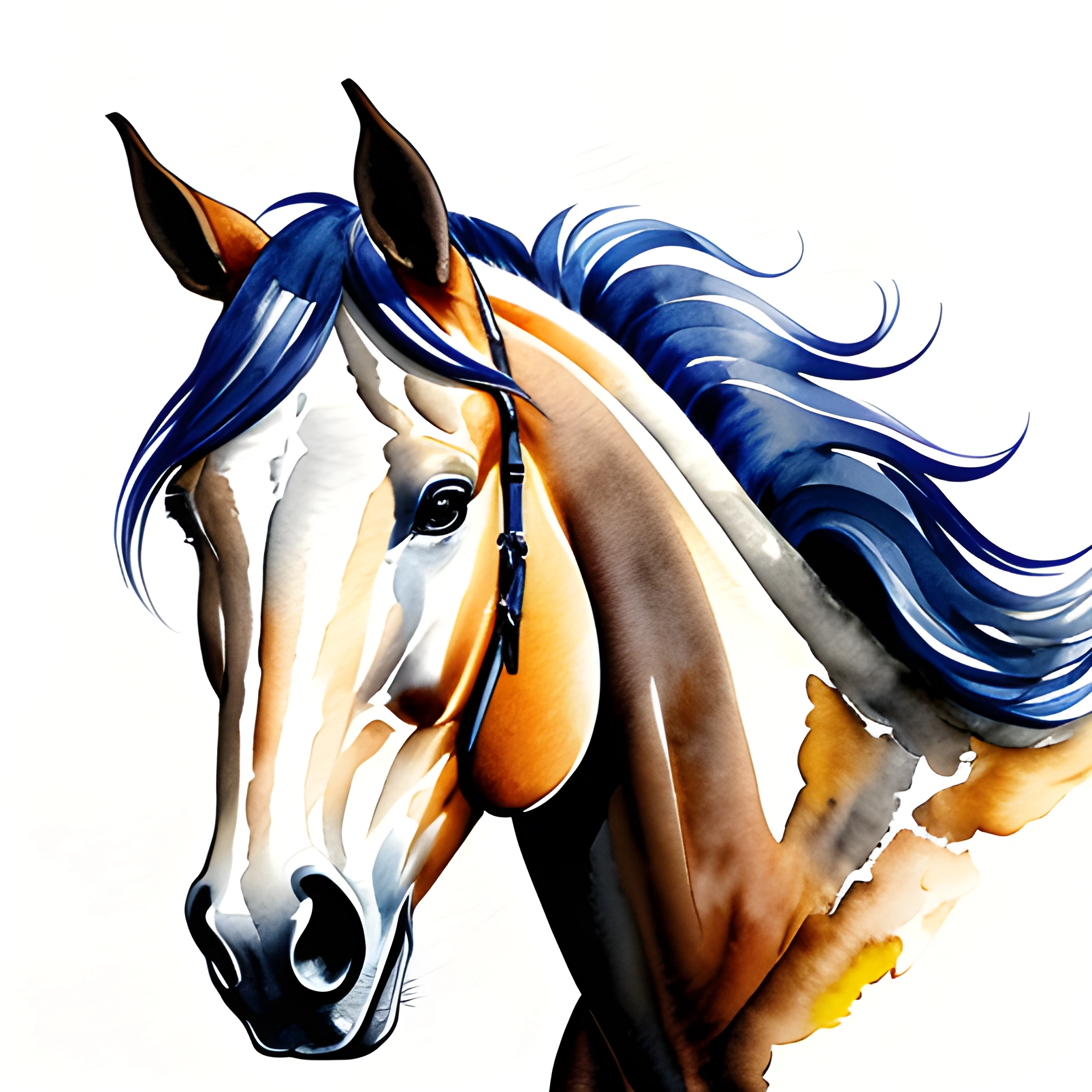 painting of a horse with a blue mane and a white face