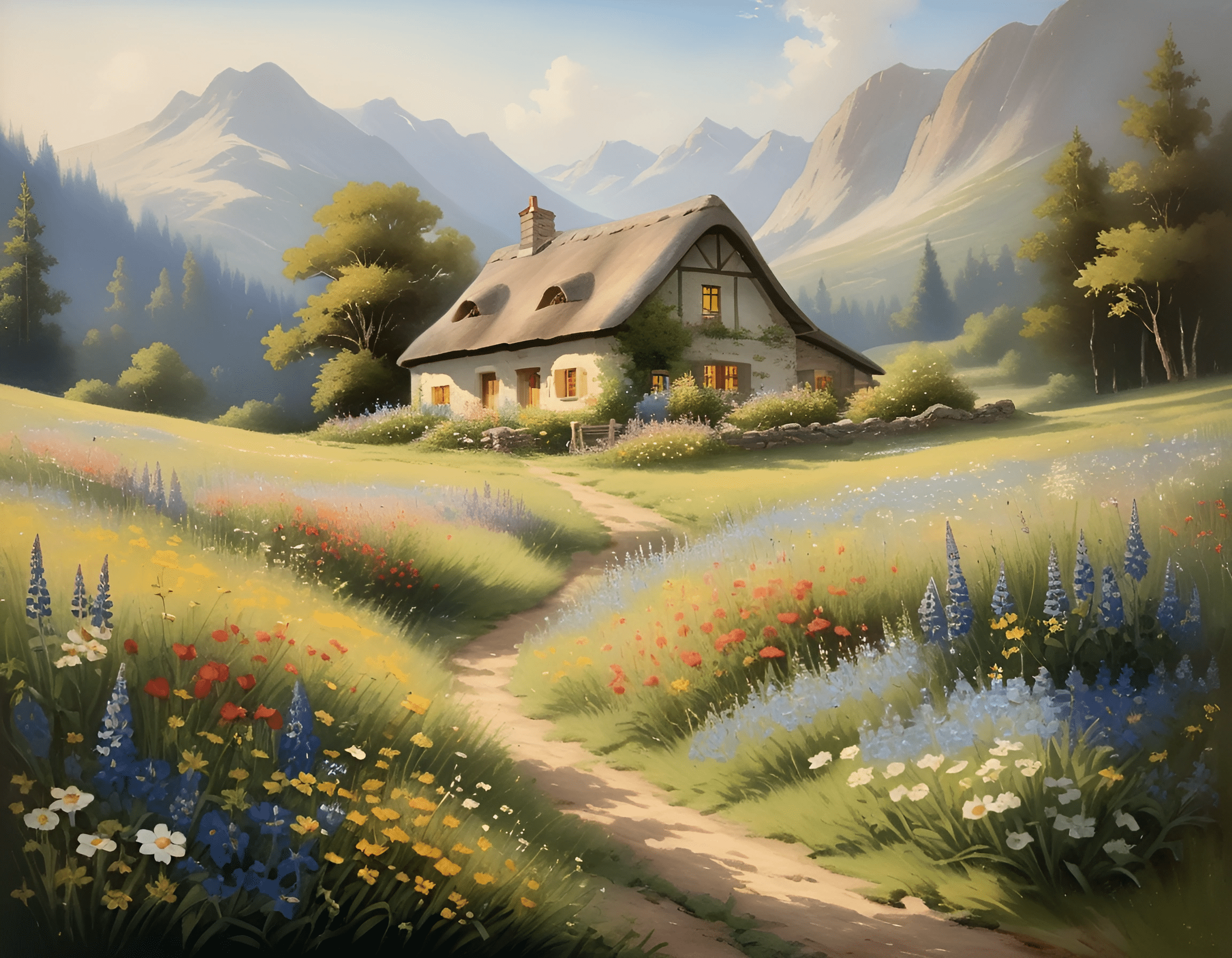 Idyllic Cottage in a Flower-Covered Meadow - Free Download - AI Scribbles