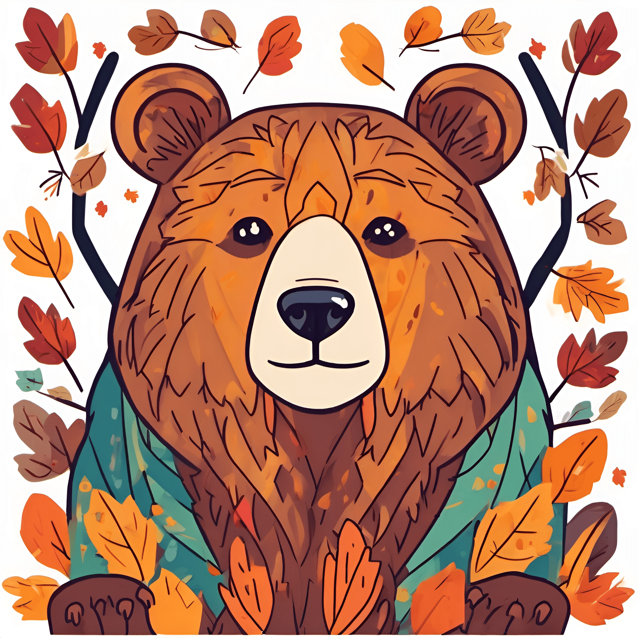 Illustrated Bear with Autumn Leaves - Free Download - AI Scribbles