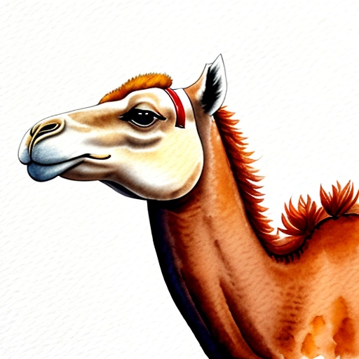 painting of a camel with a red collar and a white background