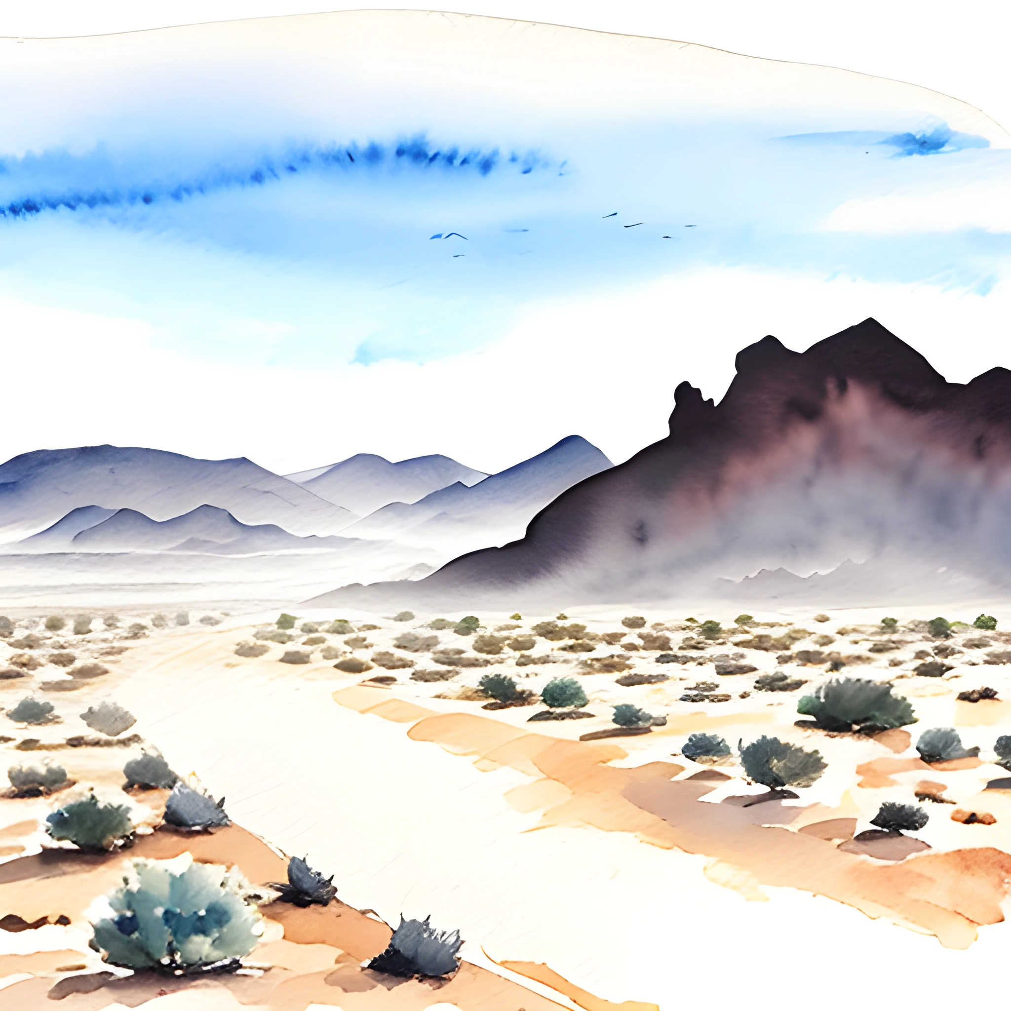 painting of a desert scene with mountains and a blue sky