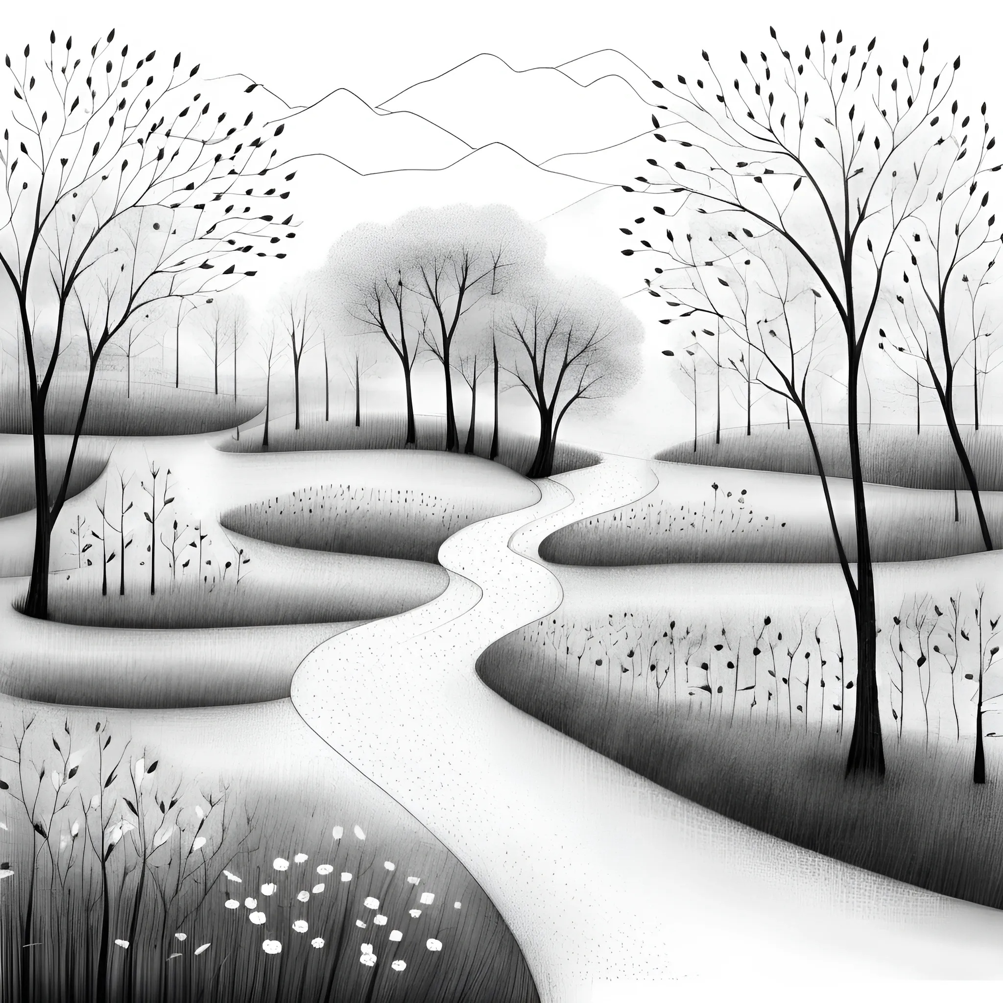 Monochromatic Landscape with Winding Path - Free Download - AI Scribbles