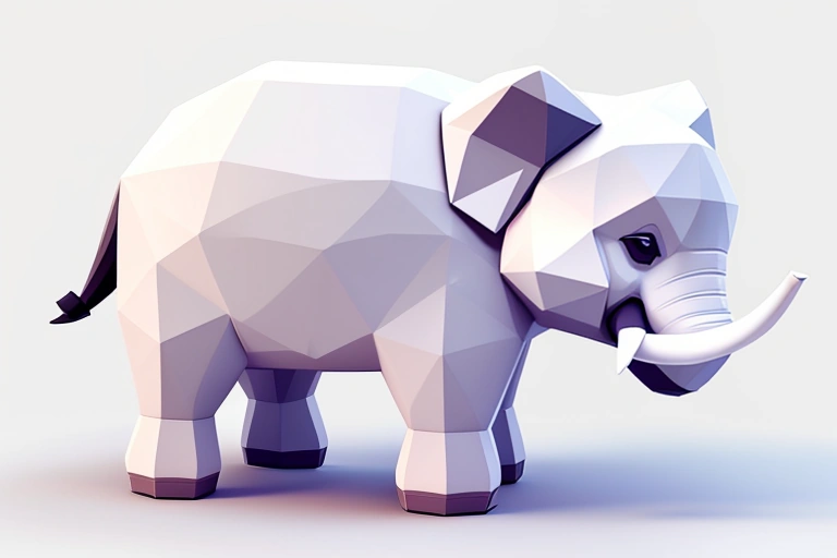 a low poly elephant standing on a white surface
