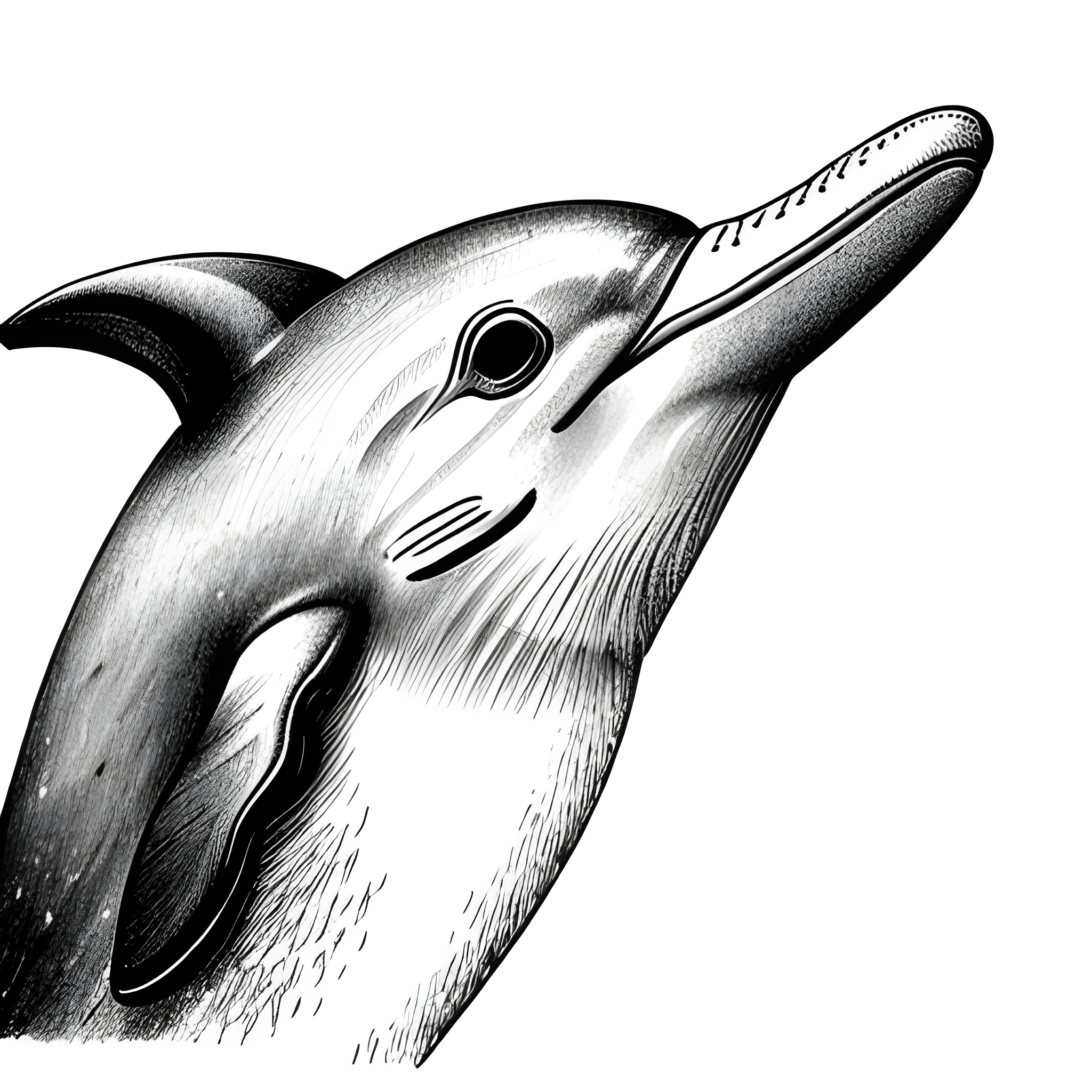 drawing of a dolphin head with a long nose and a long tail