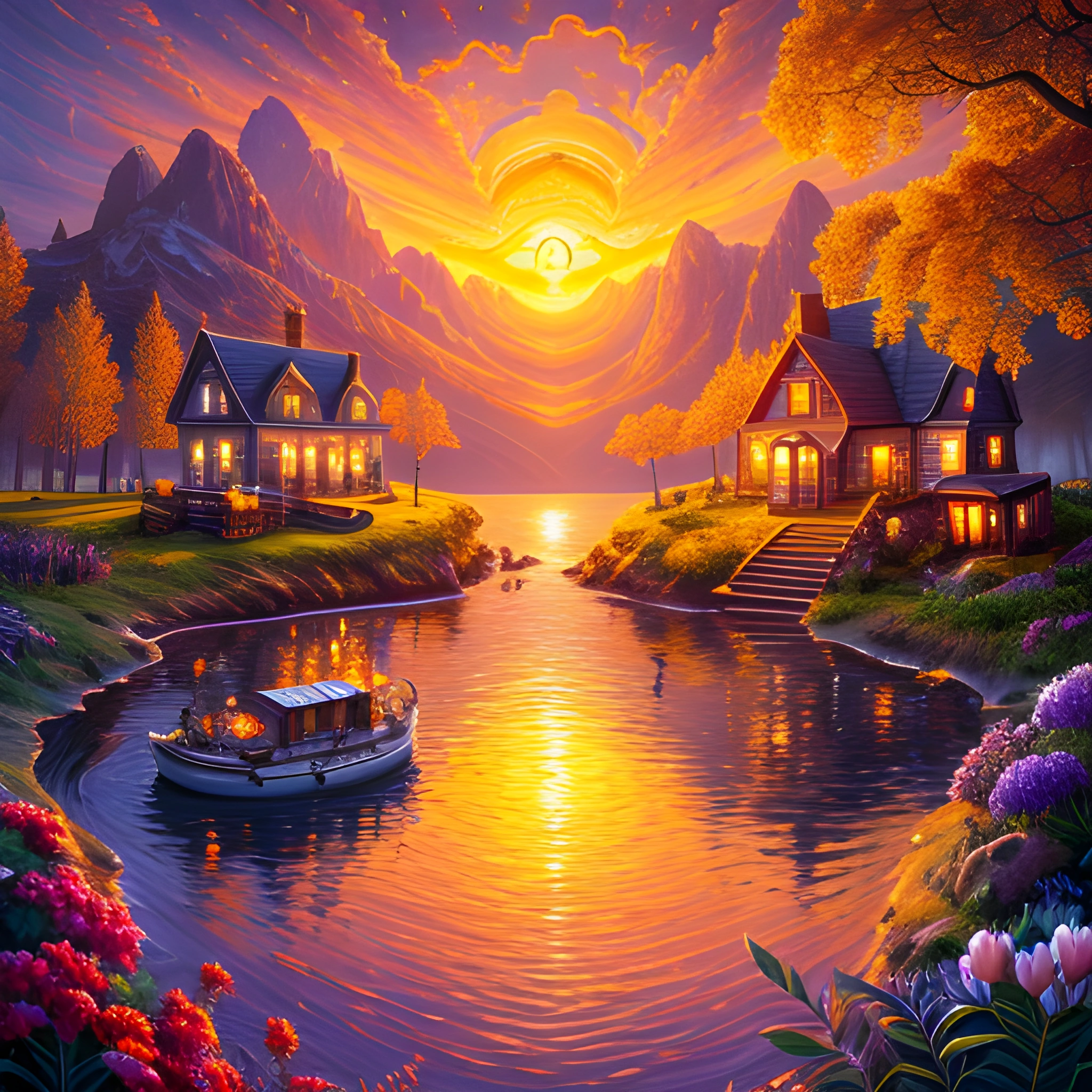 painting of a boat in a lake with a sunset in the background