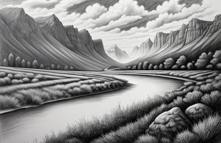 painting of a river in a valley with mountains in the background