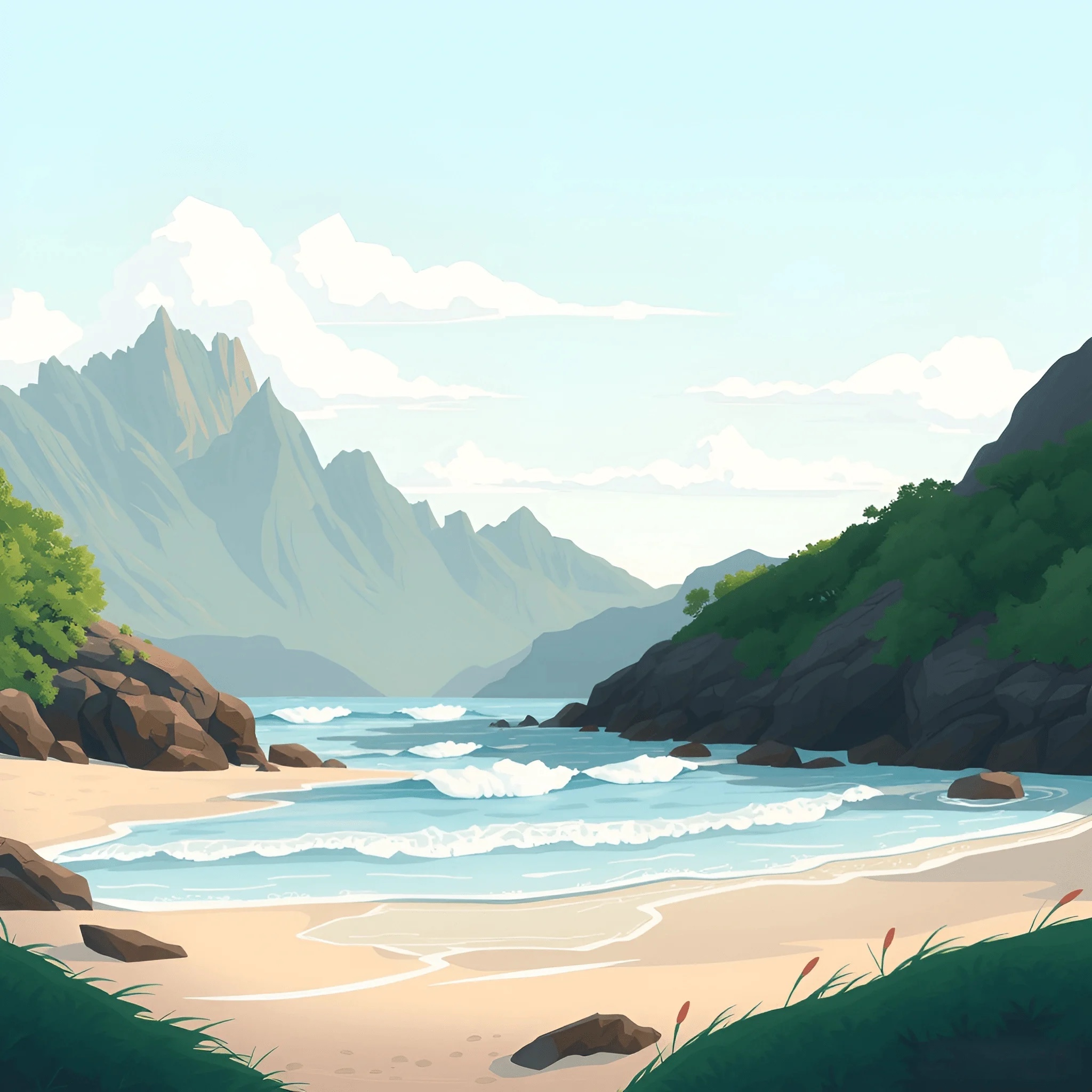 Coastal Landscape with Mountains and Beach - Free Download - AI Scribbles