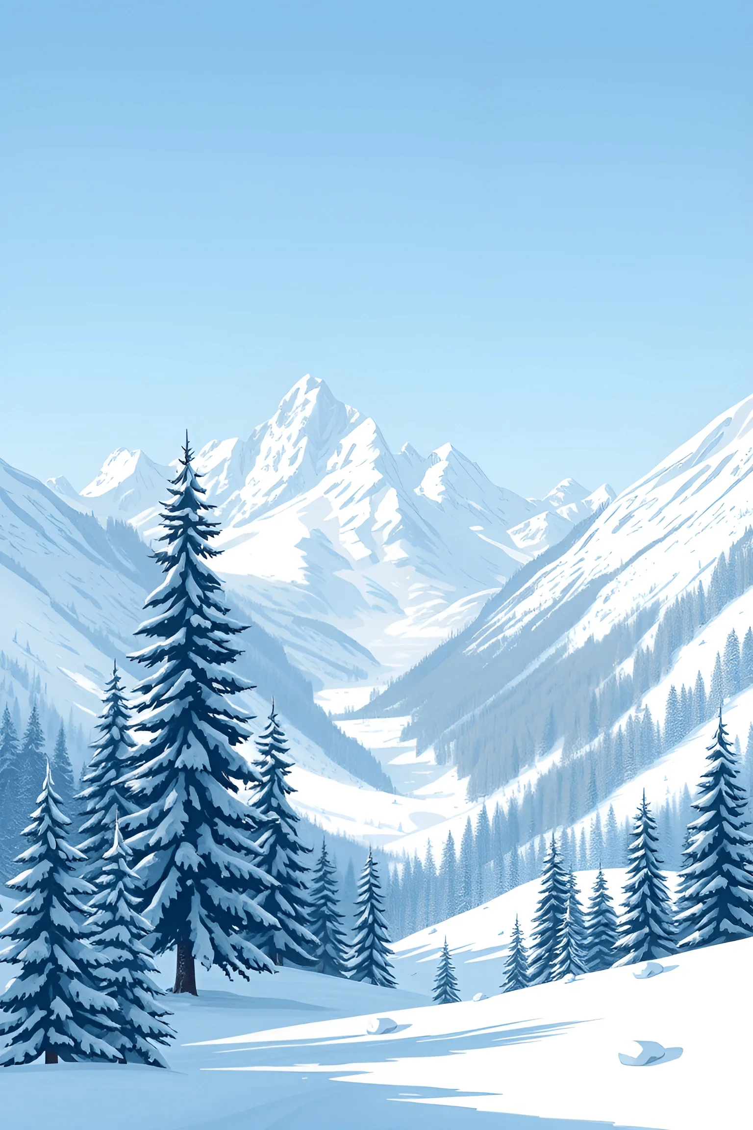 Snowy Mountain Valley with Pine Trees - Free Download - AI Scribbles