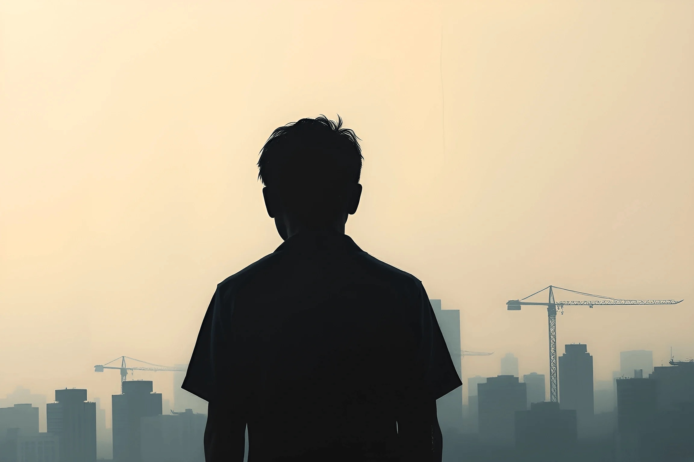 Silhouette of Man Overlooking Urban Construction - Free Download - AI ...