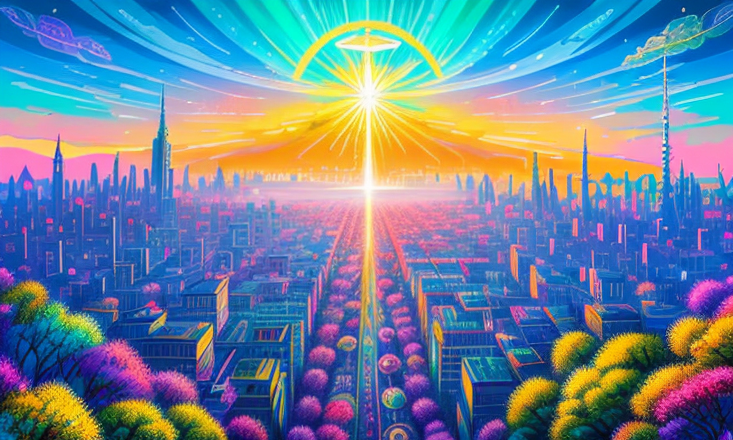 a painting of a city with a rainbow colored sky and a sun