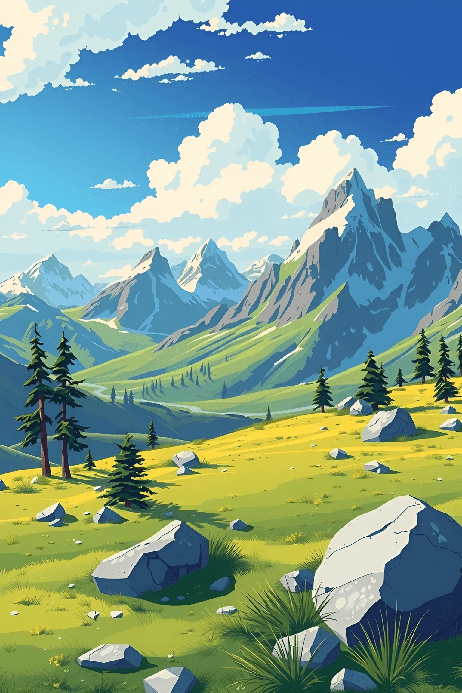 Mountain Landscape With Rocky Meadow And Pine Trees - Free Download ...