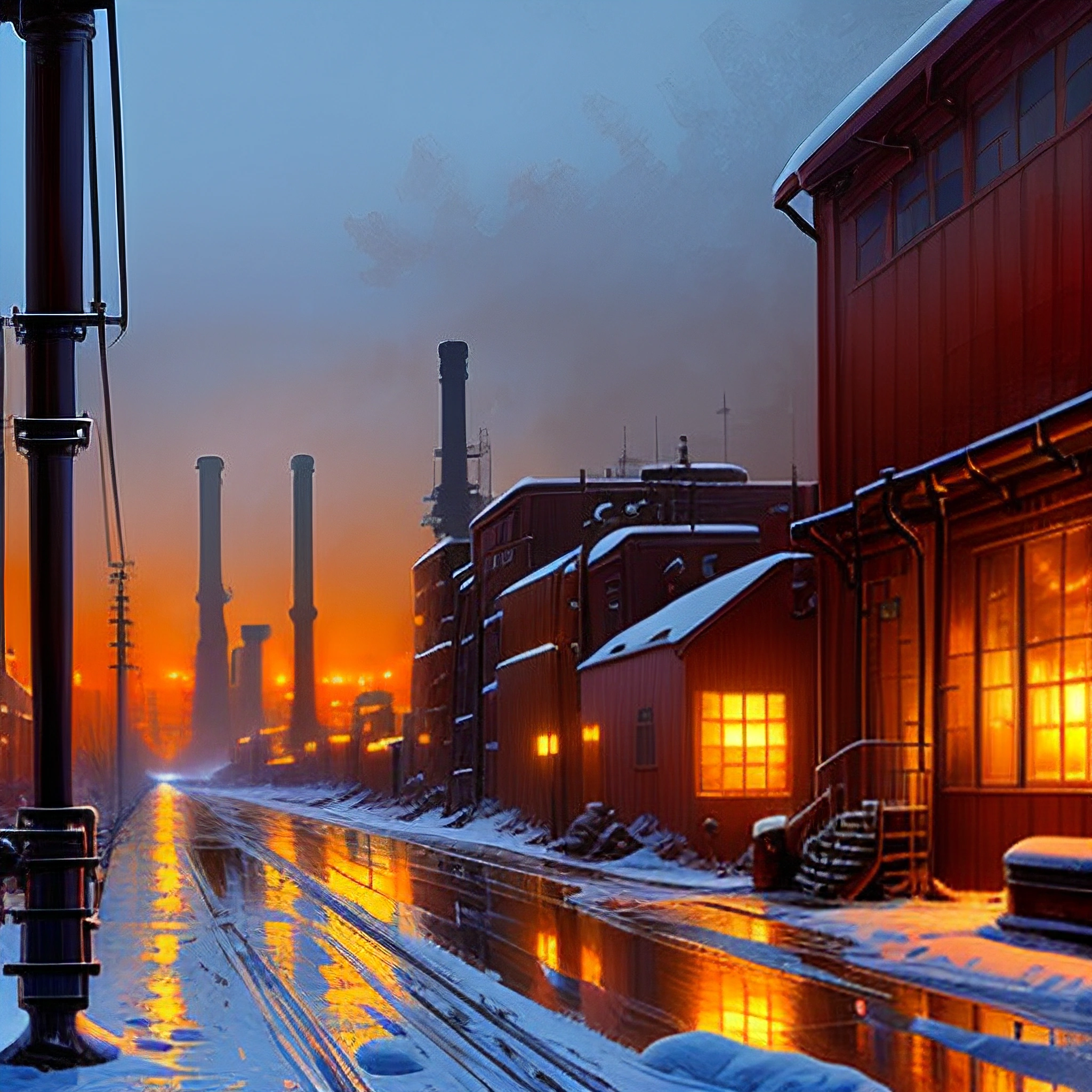 snowy street scene with a train passing by a factory