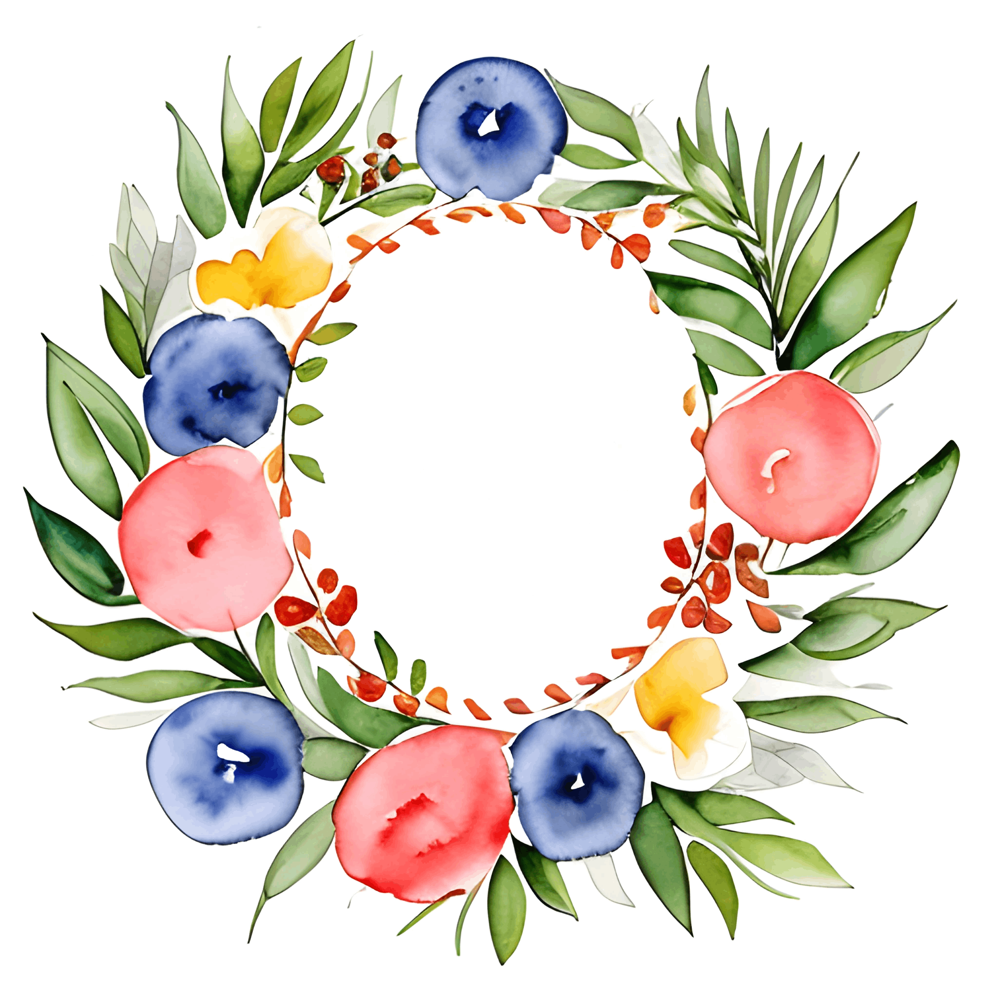 a wreath of flowers and leaves on a white background