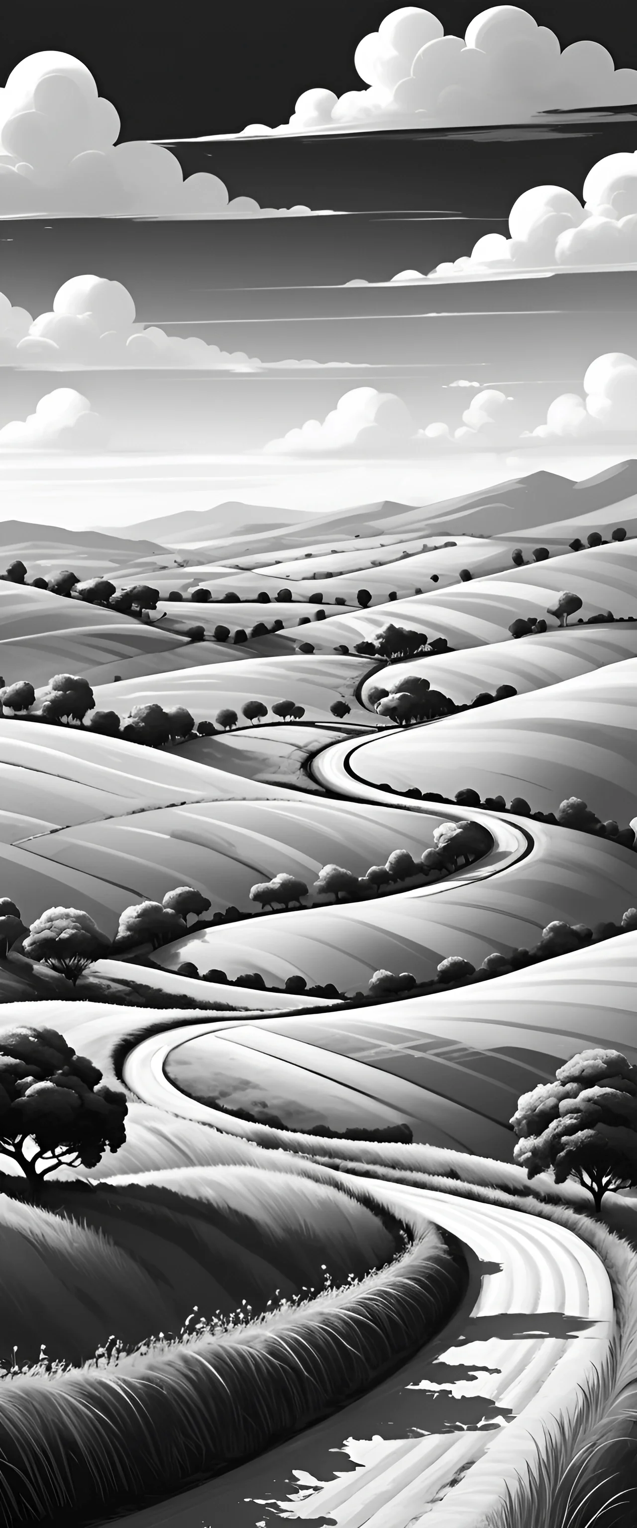 Black and White Landscape with Winding Road - Free Download - AI Scribbles