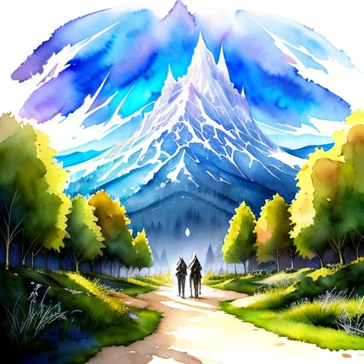painting of two people walking down a path in the mountains