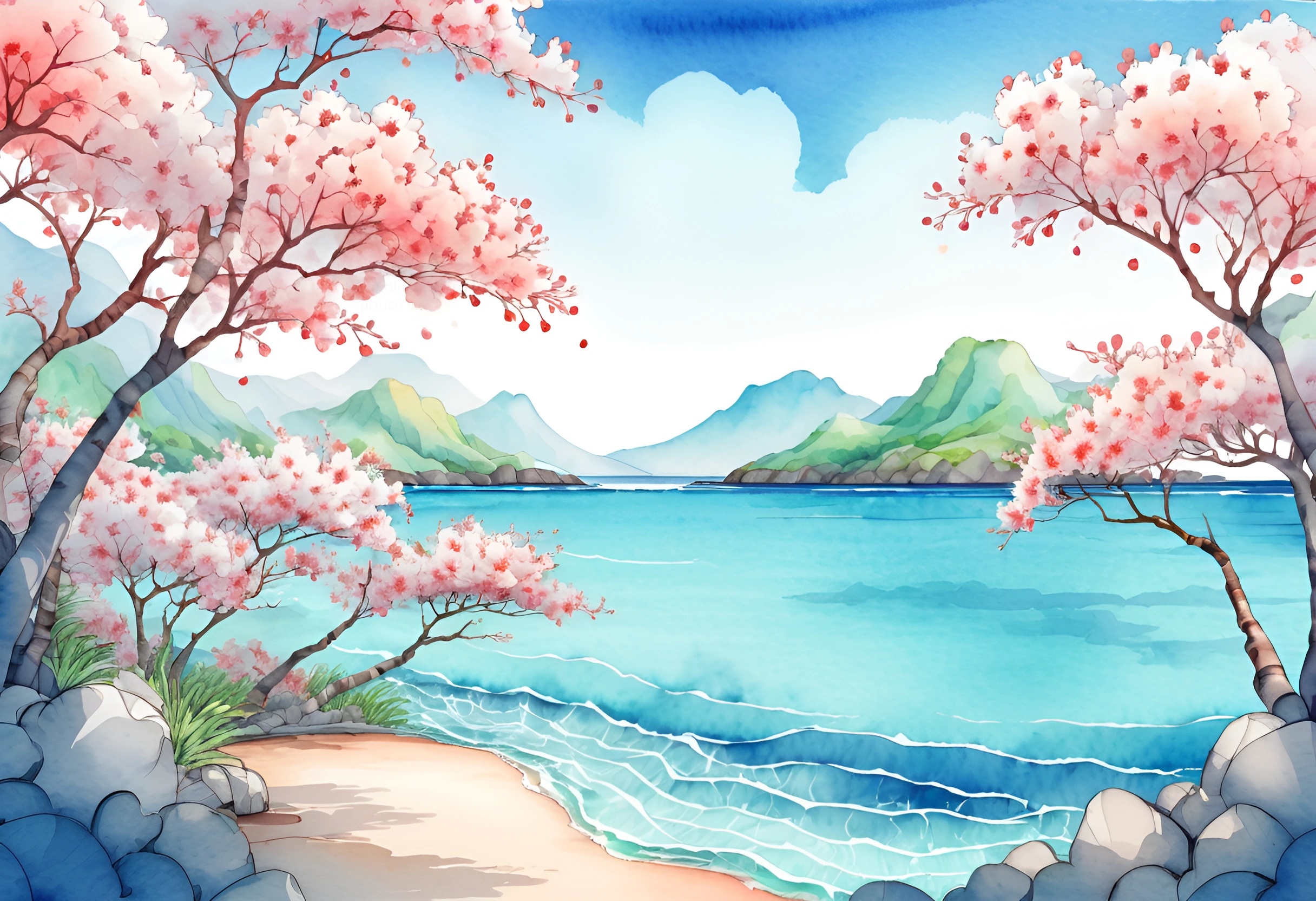 Serene Coastal Landscape with Cherry Blossom Trees - Free Download - AI ...